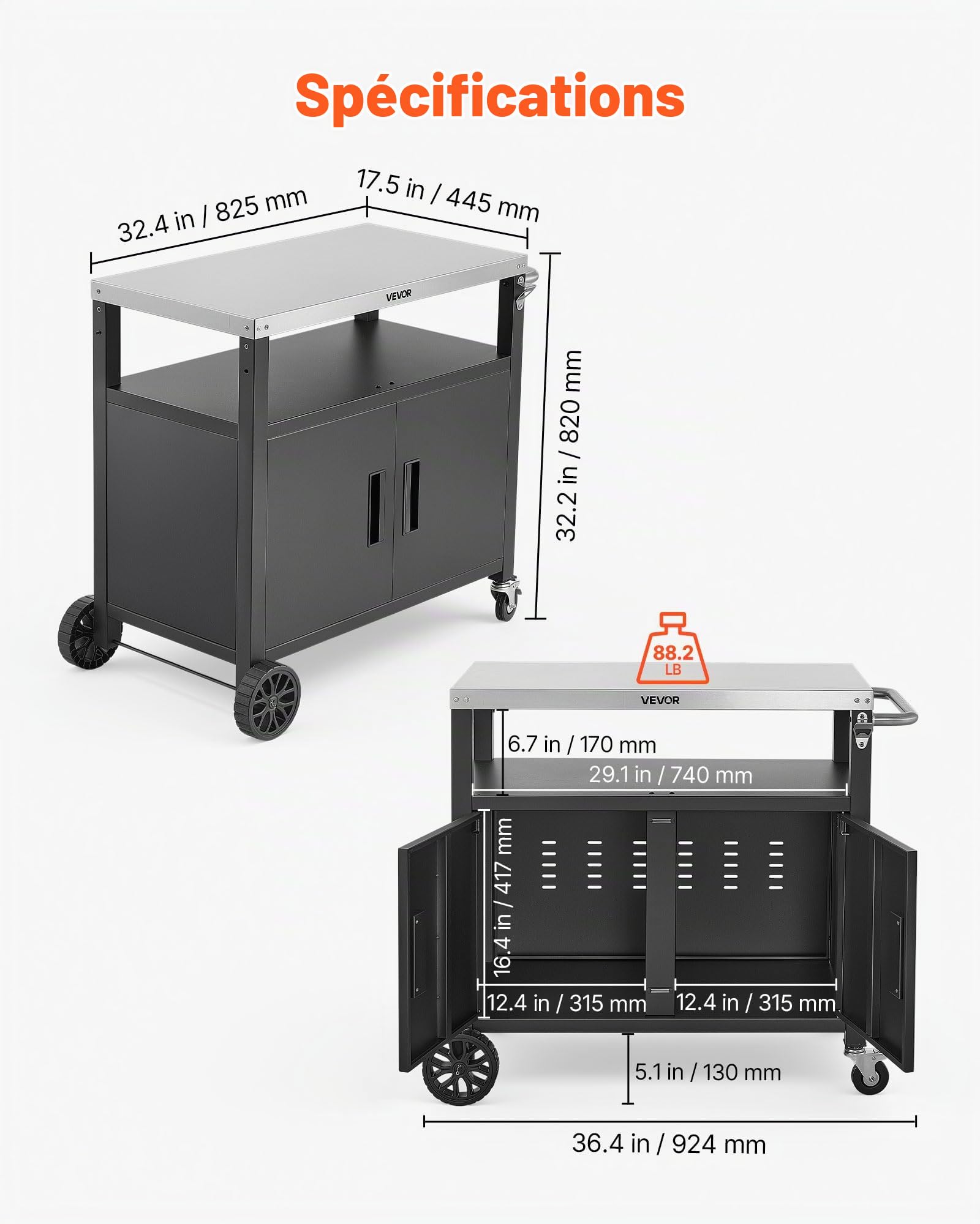 VEVOR Desserte Plancha Extérieure 92,4 cm, Chariot de Barbecue avec Plateau en INOX et Placard, pour BBQ Jardin Terrasse, Plan de Travail Mobile pour Cuisine d'Été, Table de Barbecue avec roulettes