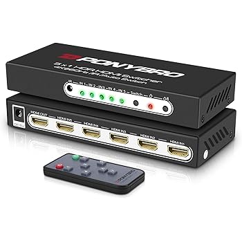 (Newest Version) PONYBRO HDMI Switch 6 Port 4K 60Hz HDMI 2.0 Switcher Splitter with Remote 5x1, Support HDR＆HDCP2.2＆3D＆1080P, HDMI Selector Compatible for PS4,Xbox,Blu-ray Player,Apple TV, Fire TV.