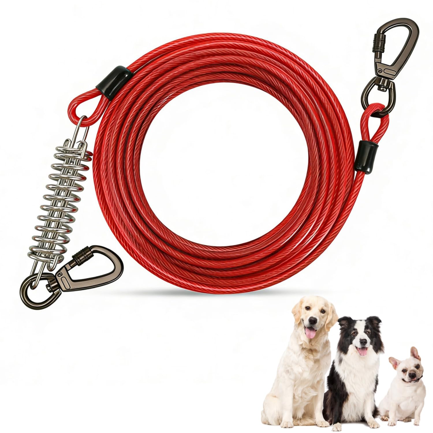 Thrink 3m Outdoor Dog Tie Out Cable Heavy Duty Steel Dog Runner with Shock Absorbing Spring, Anti Tangle 360° Swivel Clip, Secure Dog Lead for Garden Yard, Perfect for Pet Up to 60, 120, 250 lbs