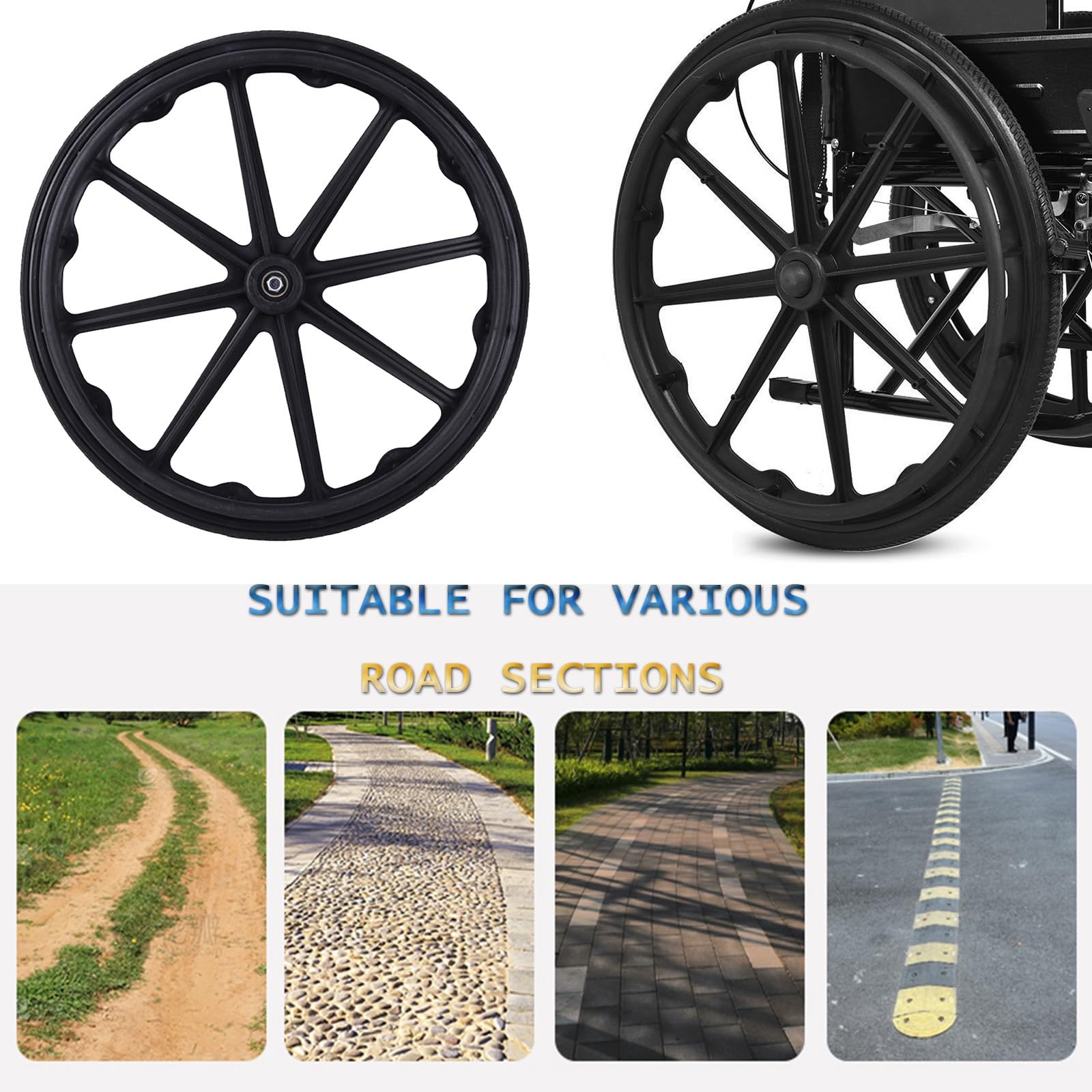 2 ruedas de repuesto para silla de ruedas de 20 pulgadas para caminantes, ruedas de silla de ruedas con rodamientos, poliuretano sólido a prueba de pinchazos antideslizante, buje de nailon reforzado,