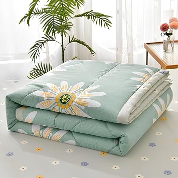 Chickwin Quilted Bedspread for Double Size, 200x230cm Green Daisy Floral Printed Pattern Bedding Coverlets Lightweight Summer Bed Throws Comforter Soft Luxury Sofa Blanket for All Season