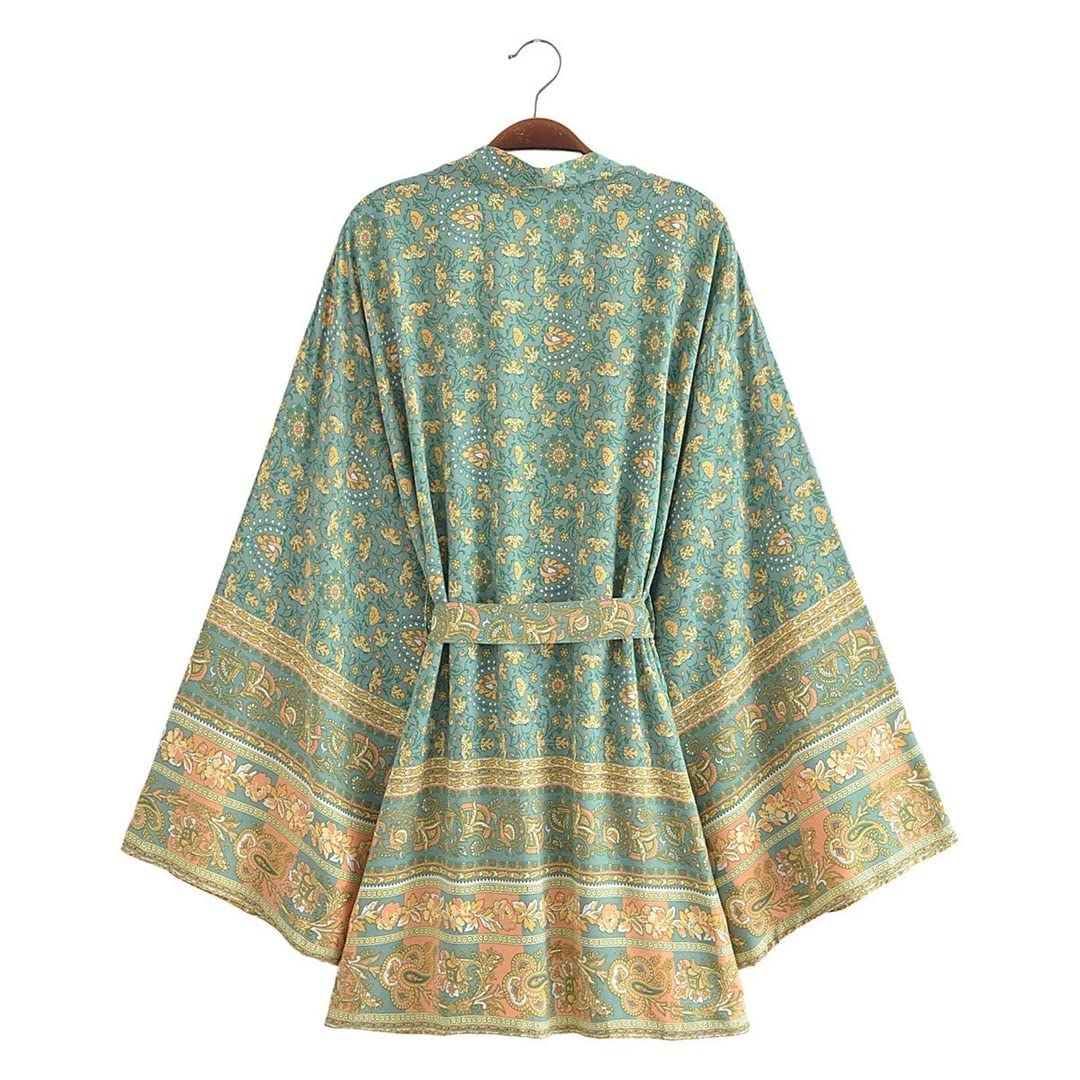 Dninmim Bata estilo kimono de algodón con estampado floral vintage para mujer, de manga larga, para verano, para la playa, estilo bohemio, Como se muestra en la imagen, M