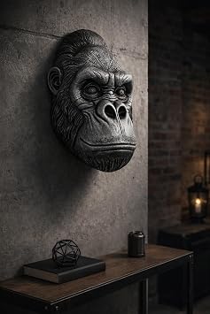 Root Made Gorilla Head Wall Decor: Black & Silver, Hand-Painted Modern Art for Gamer, Home, Office