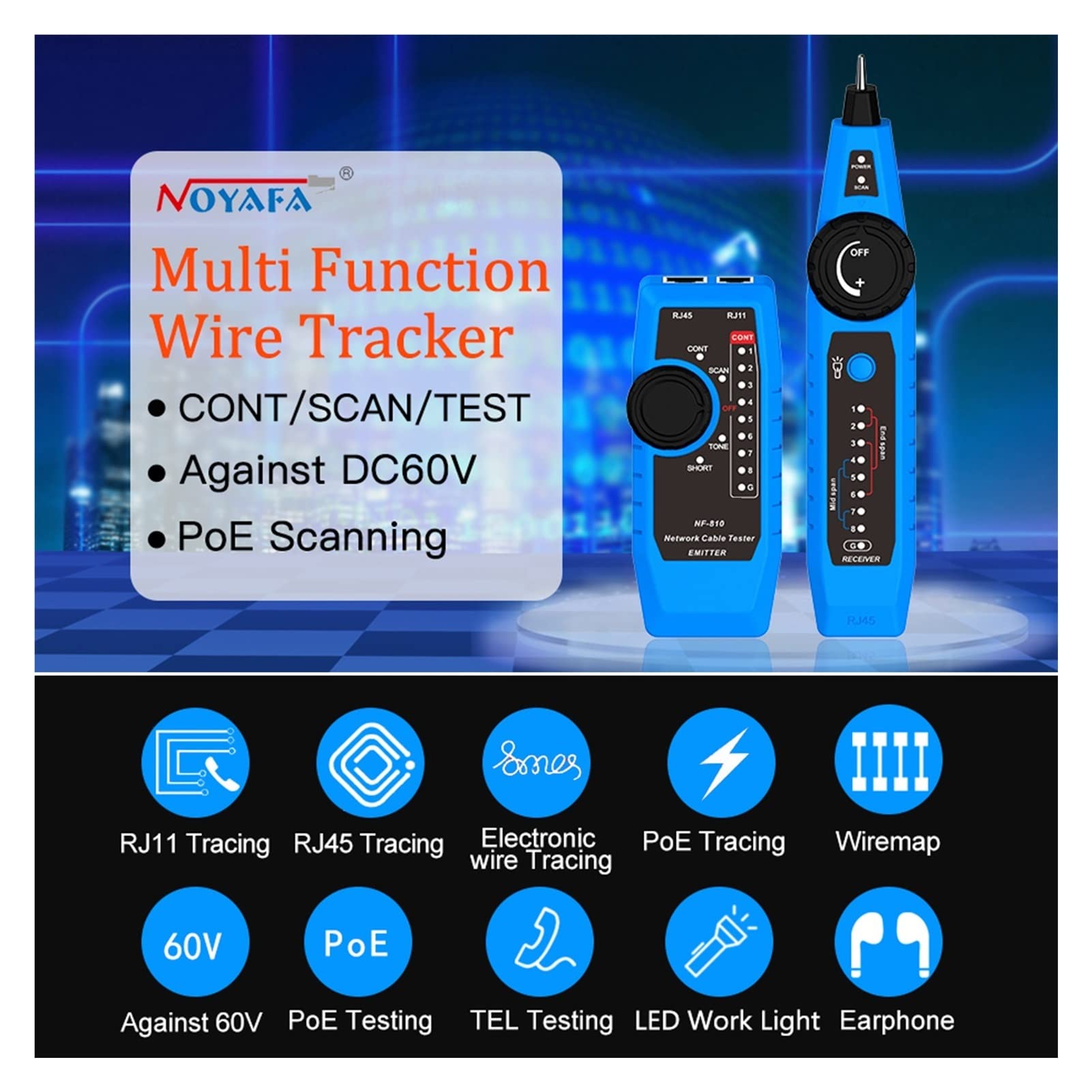 Detector de pared, NF-810 Kit de probador de cable de red for RJ11 RJ45 CAT5 CAT6 LAN Cable múltiples funciones rastreador de cable wiremap P OE Tel Pruebas