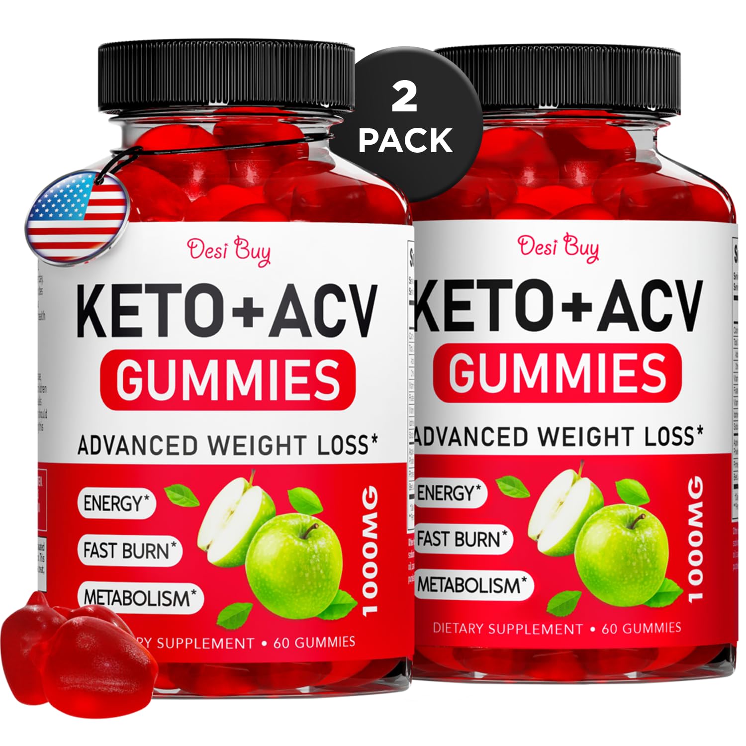 Keto ACV Gummies Advanced Wеight Lоss, Boost Metаbolism with Apple Cider Supplements, Gluten-Free, Apple Flavor Formula for Men & Women, Made in USA, 1000 mg 60 Count (2 Pack)