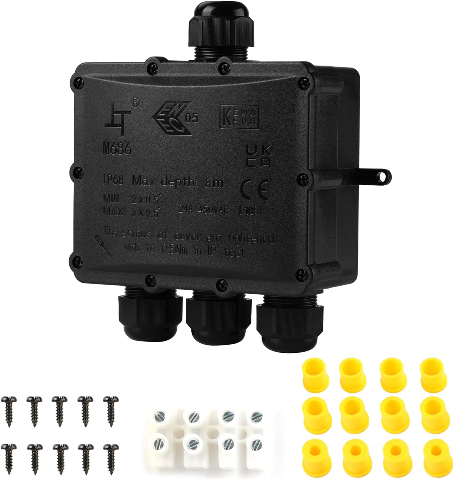 IP68 Waterproof Junction Box Outdoor,4-Way Electrical Splice Box Outdoor with 4 Cable M25 Gland Wire Connector Extension Electrical Cable Protector for Diameter Cable Ø4-14mm Black