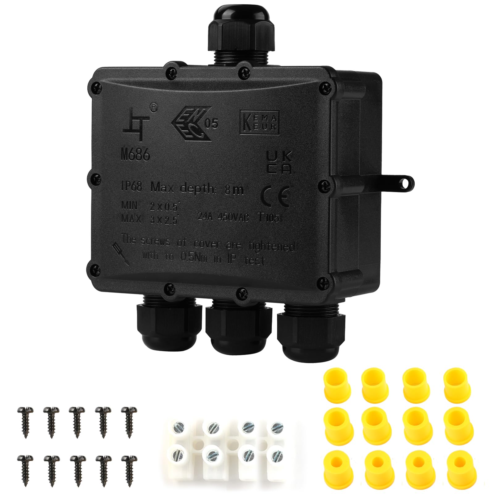 Tynoscco IP68 Waterproof Junction Box Outdoor,4-Way Electrical Splice Box Outdoor with 4 Cable M25 Gland Wire Connector Extension Electrical Cable Protector for Diameter Cable Ø4-14mm Black