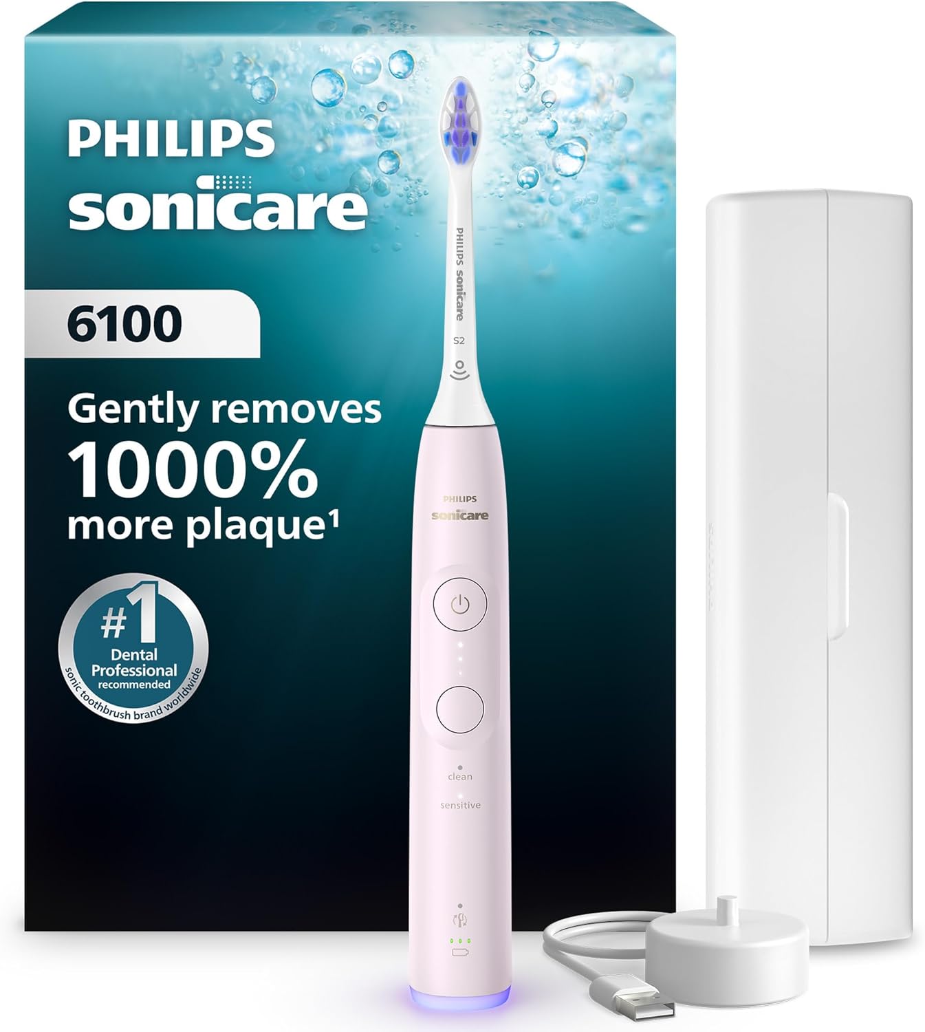 Philips Sonicare 6100 Rechargeable Electric Toothbrush, 1 Brush Head, Pink | 1000% More Plaque Removal¹, Gentle+Effective Clean, Visual Pressure Sensor, 6 Setting, 21-Day Battery, Travel Case, HX7402/02
