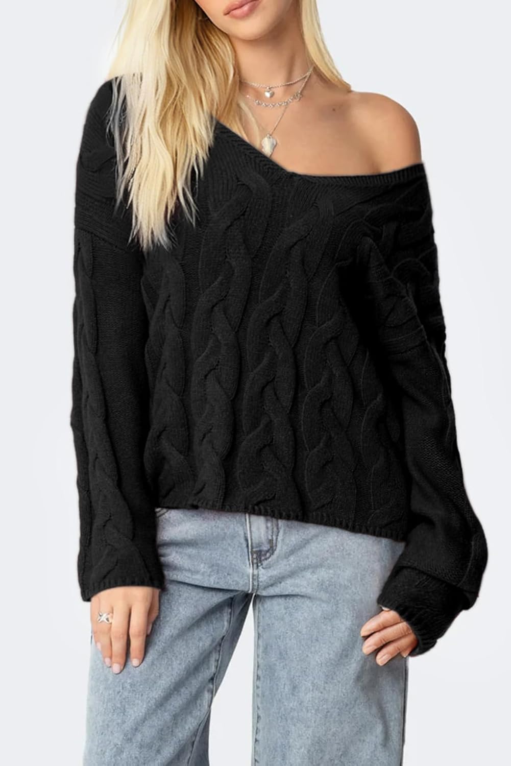 SUUKSESS Women Oversized Cable Sweaters V Neck Long Sleeve Knit Trendy Outfits - Image 2