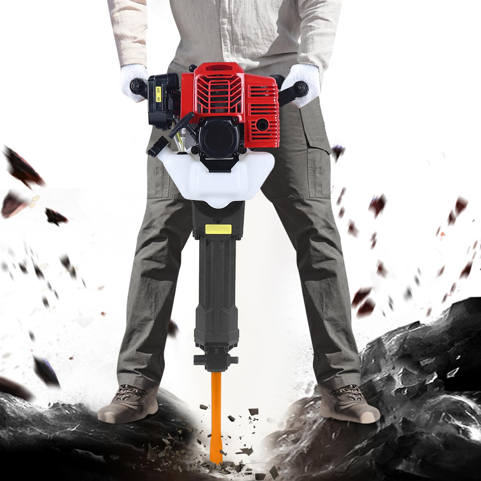 52cc Petrol Demolition Hammer 1900W Concrete Breaker Jackhammer with Point&Flat Chisel
