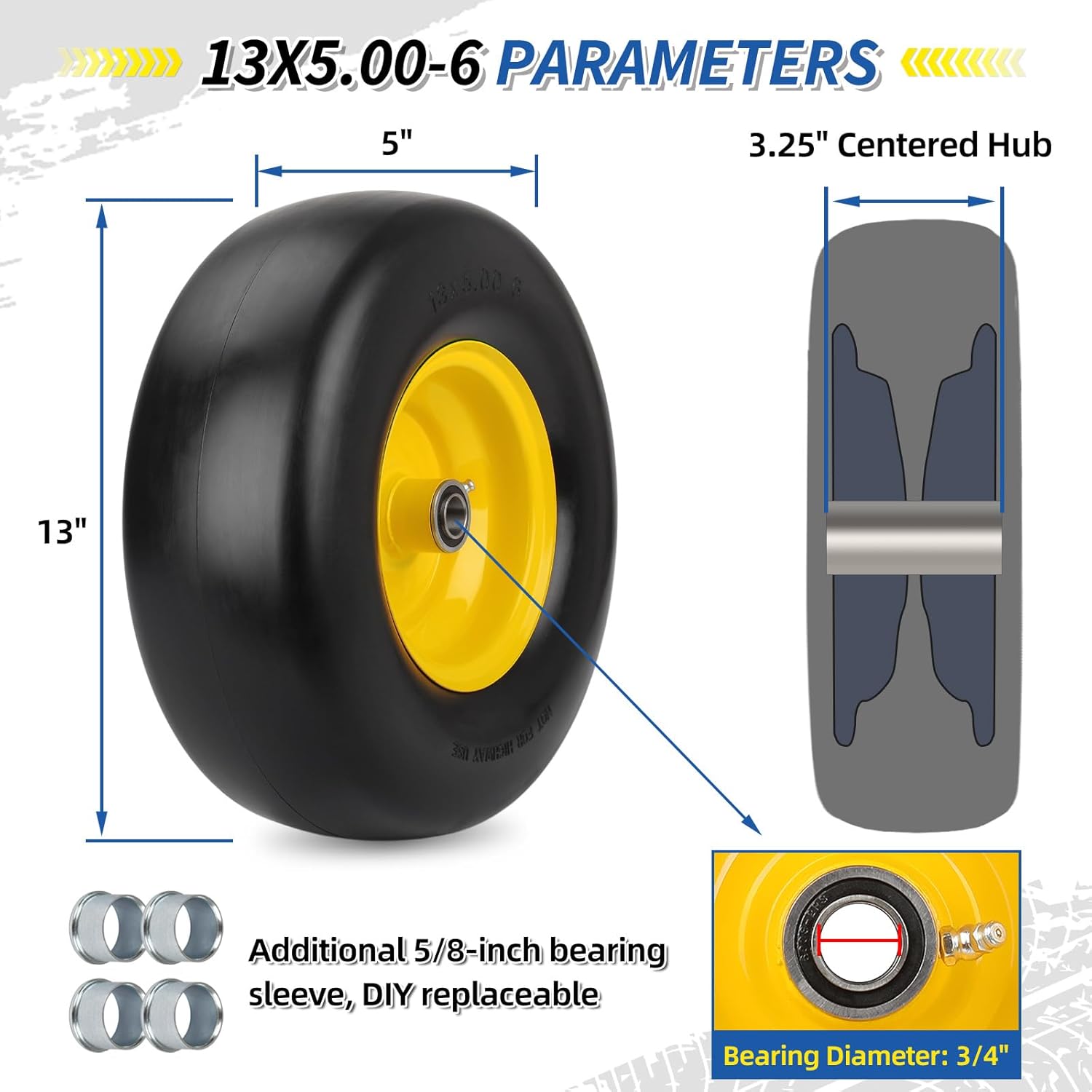GICOOL 2-Pack 13x5.00-6 Flat Free Lawn Mower Tire and Wheel Assembly, 13" Solid Smooth Tread PU Tire with 3/4" or 5/8" Bearing, 3.25"-5.9" Adjustable Centered Hub for Zero Turn Mowers