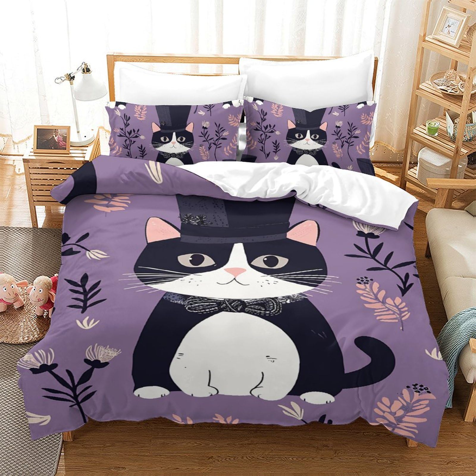 Housse de couette chat anti-plis en microfibre douce 140x200 cm pour literie ado