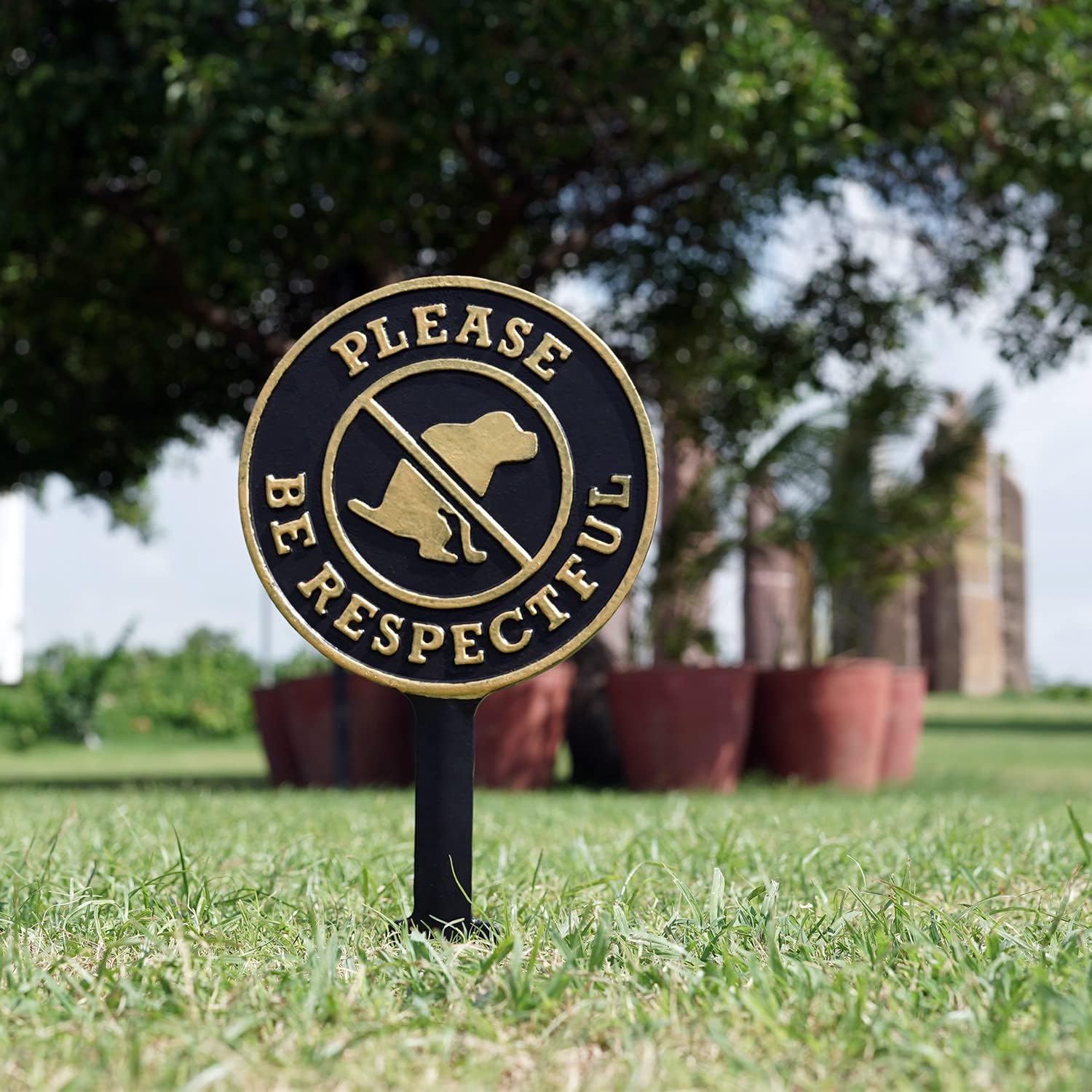 SmartSign Please Be Respectful No Dog Poop Yard Sign for Lawn/Outdoor - Single-Sided, 17 x 7.5 inch, 375 mil Thick Rustproof Cast Aluminum Metal Plaque, Black and Gold