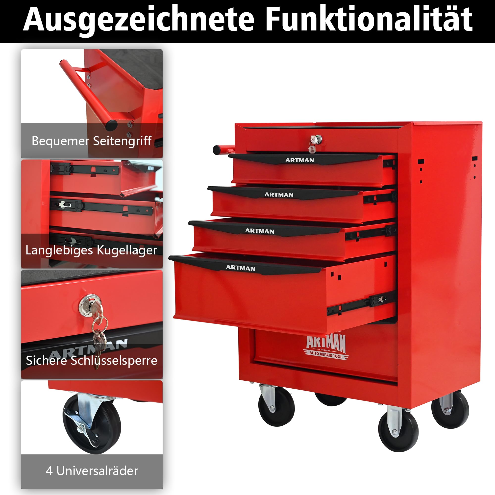 Generisch Carrello portautensili a 5 cassetti con ruote, mobile con cassetti con cuscinetti a sfera, robusta cassetta degli attrezzi in acciaio rosso/nero per garage e officina
