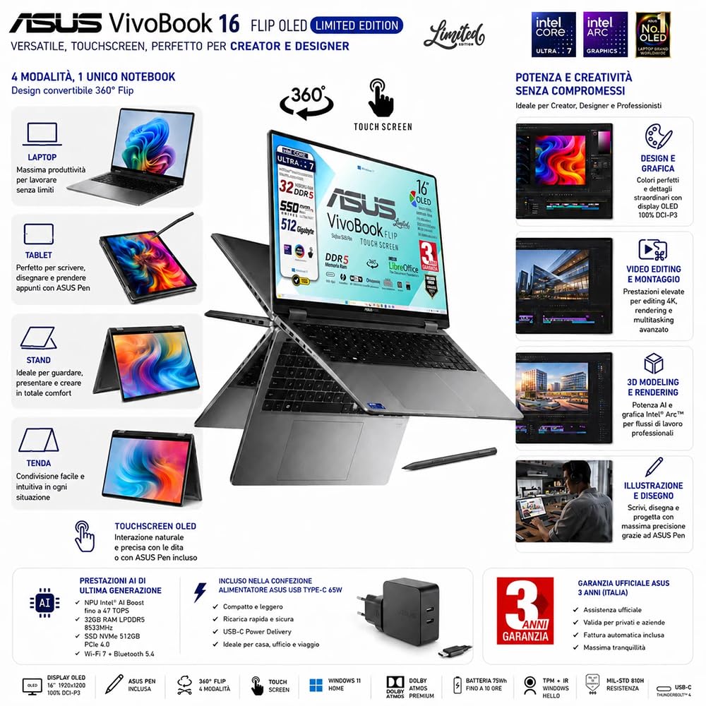 ASUS Vivobook 16 Flip OLED Touch 16", Ultra 7 258V, 32 Gb, Ready to use | Intel AI Boost NPU, Ram 32GB DDR5 8533MHz, Display OLED Touch screen, SSD 512GB, Win11, Tastiera Retroilluminata + Stylus Pen