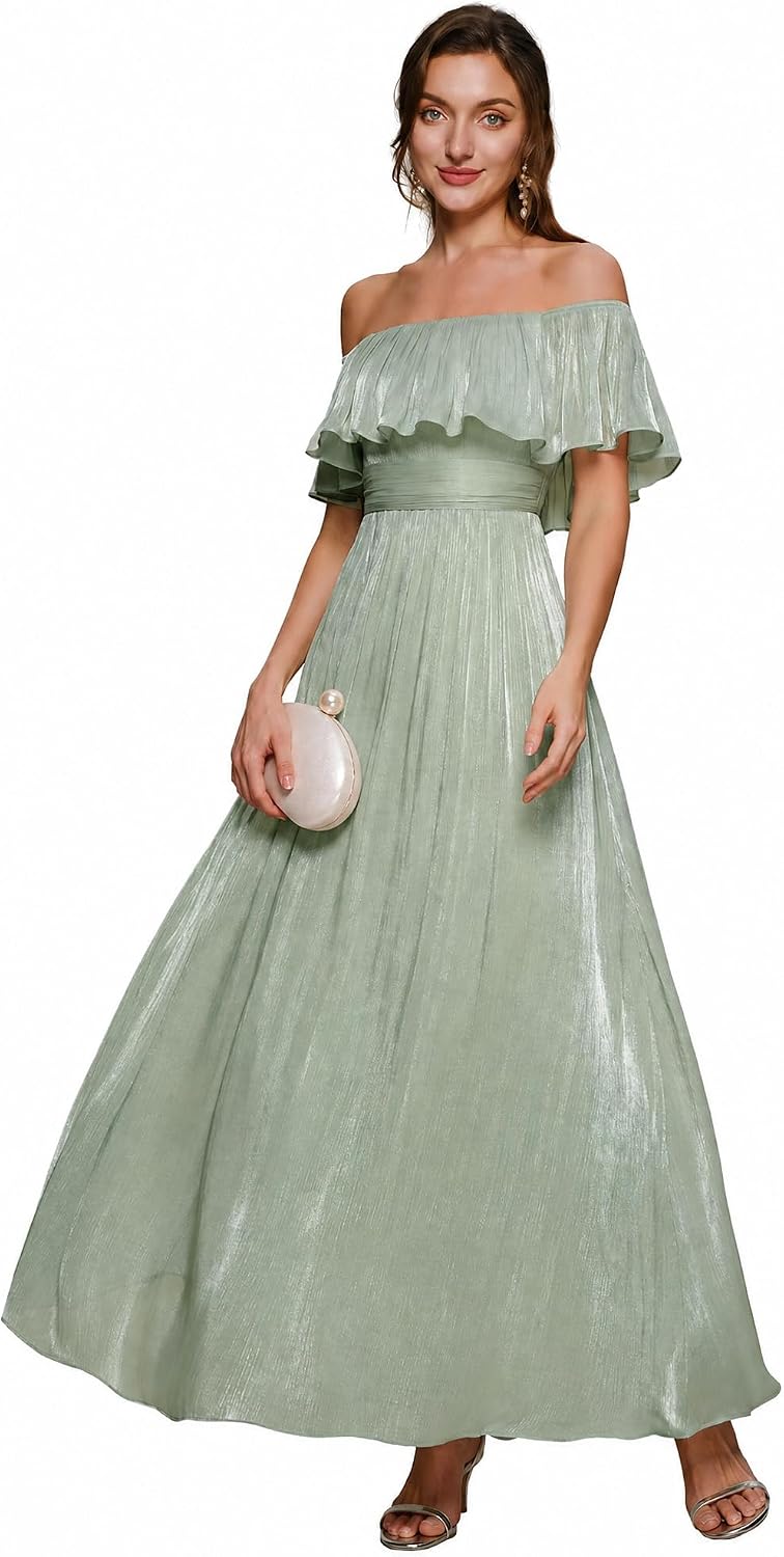 Ever-Pretty Women's Summer Maxi Flowy Wedding Guest Dress Off The Shoulder Lightweight Short Sleeve Semi Formal Dresses 02803