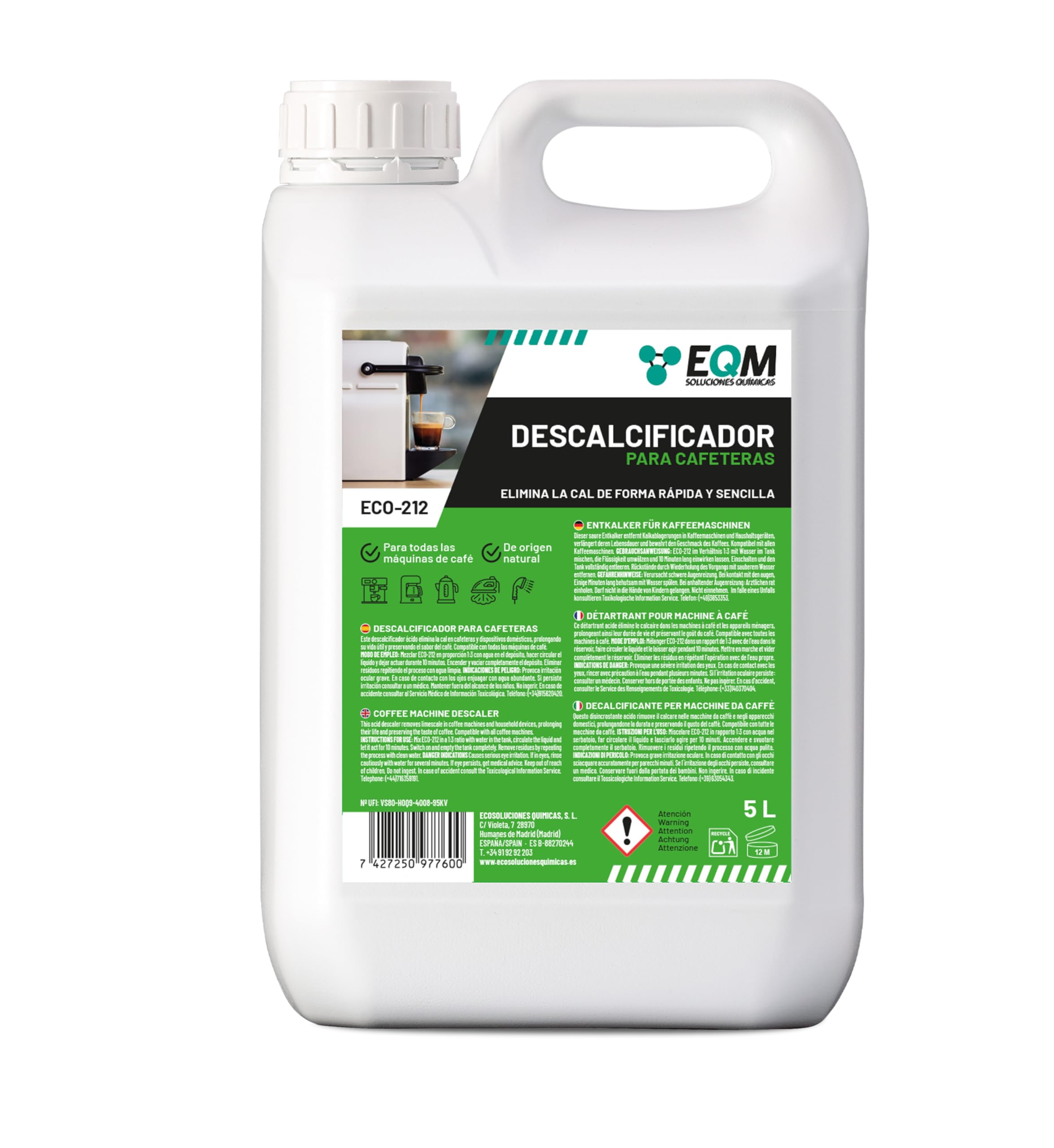 EQM - ECO- 212 - Descalcificador para Cafeteras - 5L - 100% Origen Natural - Compatible con todas las máquinas de café - Elimina la cal incrustada en cafeteras y aparatos del hogar