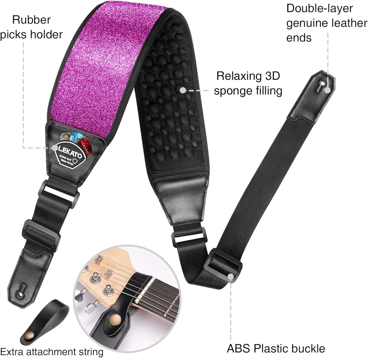 LEKATO Guitar Straps for Electric Guitar Bass, 3.5" Wide Sparkle Glitter Purple Padded with 3D Sponge Filling Bass Guitar Straps Adjustable Length from 45" to 54" with Strap Locks, Picks