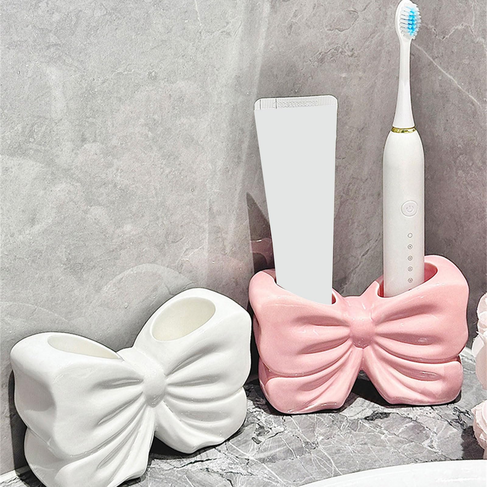 Paquete de 2 soportes de cerámica para cepillos de dientes con lazo, organizador de encimeras de baño, diseño decorativo, soporte para cepillos de dientes