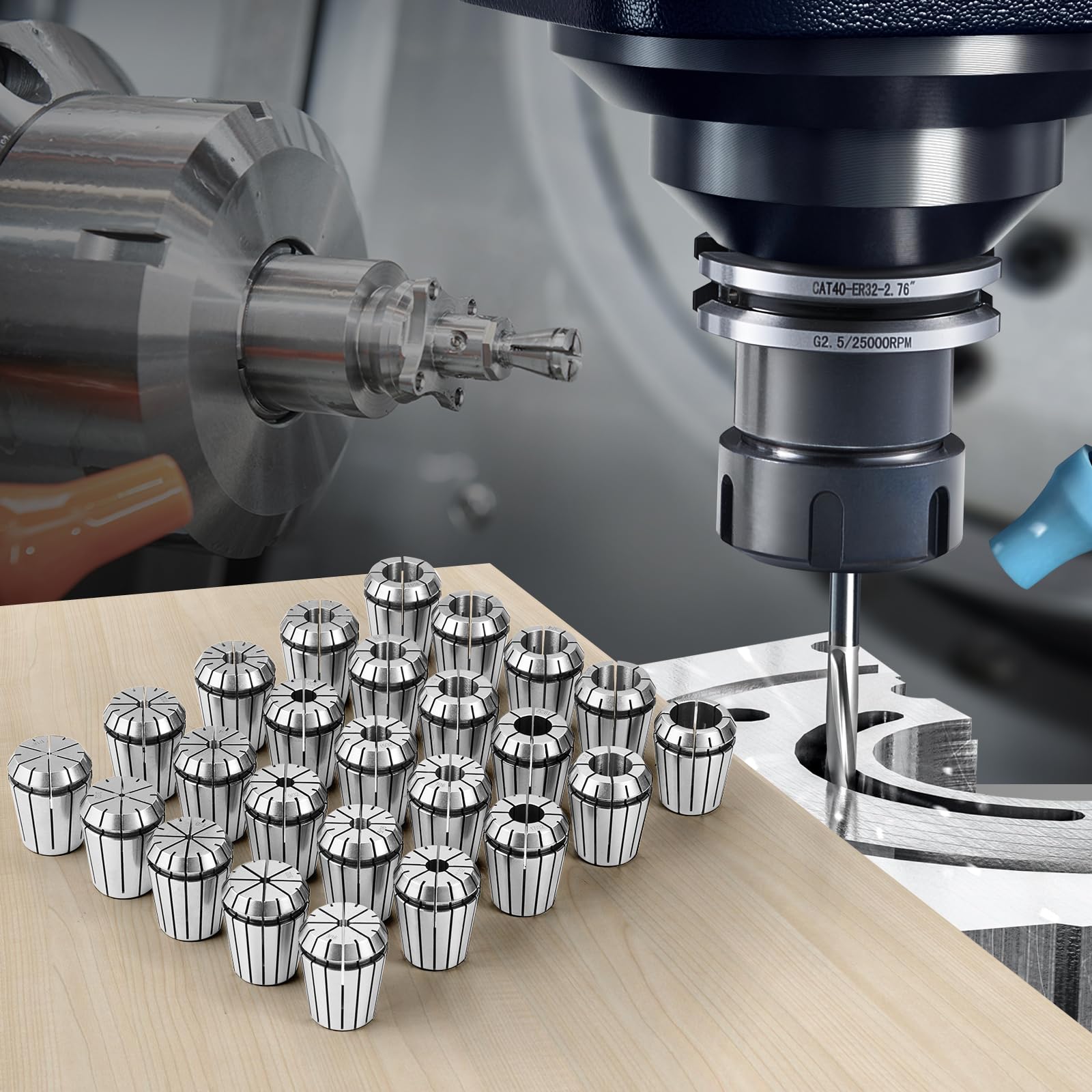 VEVOR Pinces de Serrage à Ressort ER32 25PCS 1/16"-13/16" 1,6-20,6 mm TIR 0,0006" 15 μm avec 25 Boîtes de Rangement Étiquetées pour Machine de Gravure CNC, Fraiseuse, Outil de Tour, Perceuse, Presse