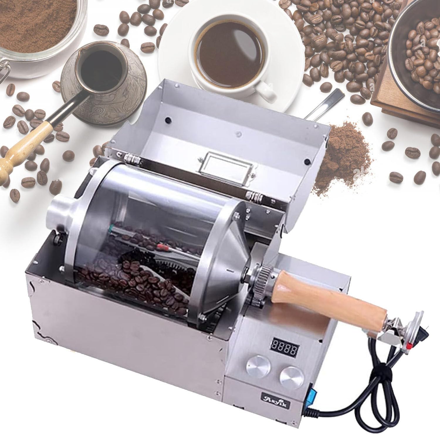 Torréfacteur de café électrique, machine à torréfier les grains de café en verre avec minuterie, machine à torréfier les grains de café à tambour électrique, pour un usage domestique