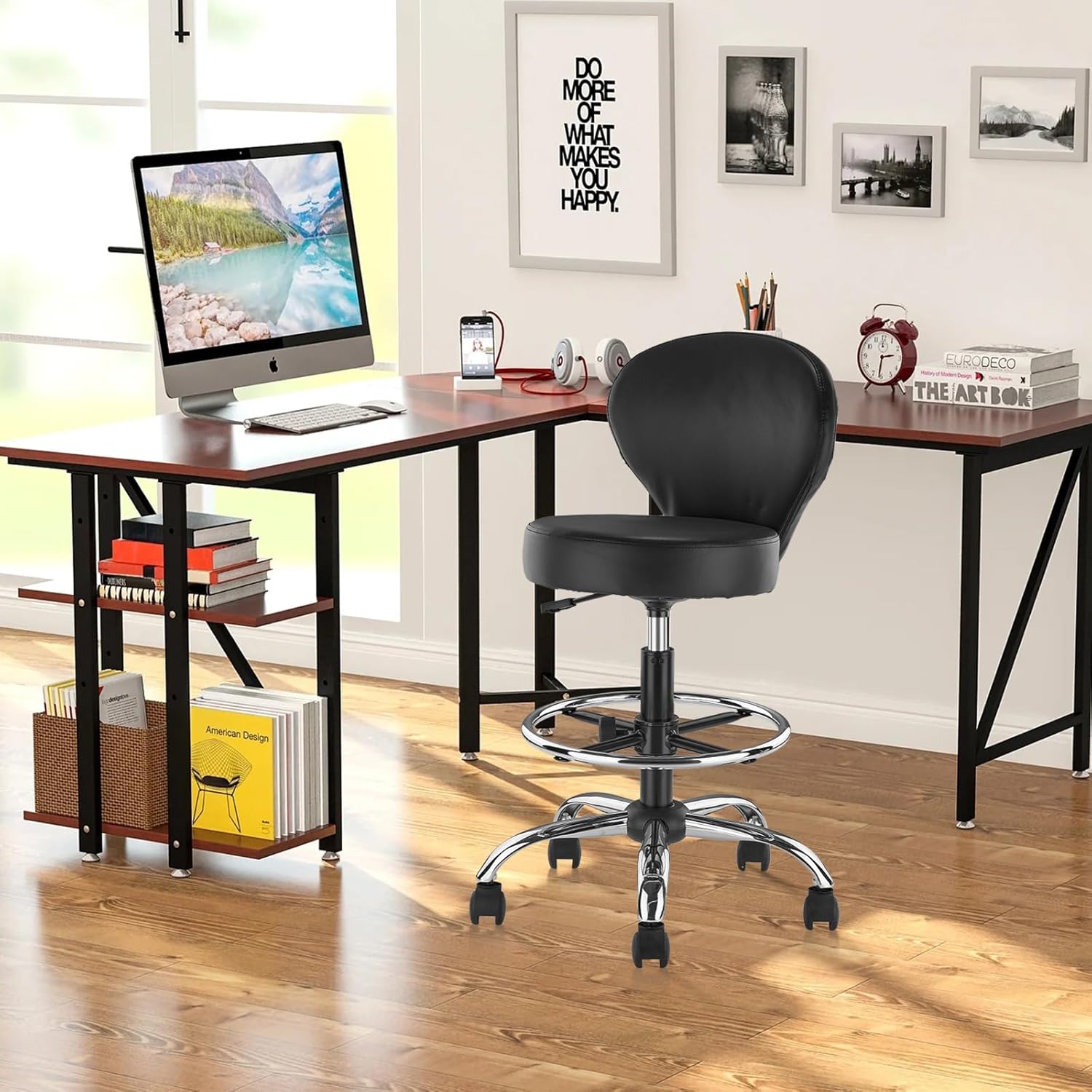 Black PVC Faux Leather Drafting Chair Rolling Swivel Salon Stool Seat Adjustable Height 36 Inch with Back Support Foot Rest Hydraulic Wide Seat for Tattoo Beauty Barber Lash 1Pack