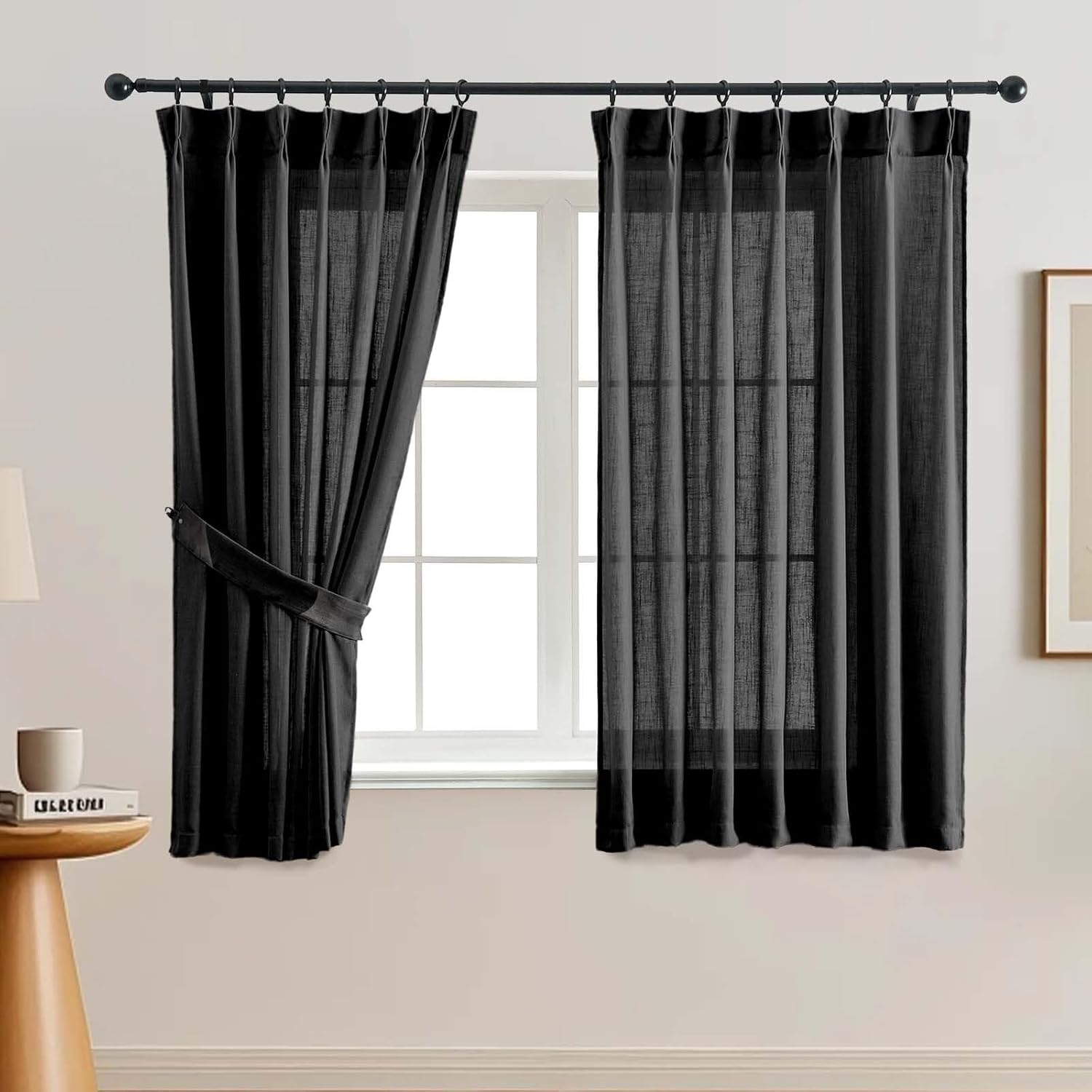 OVZME Black Pinch Pleated Semi Sheer Curtains 63 Inch Length 2 Panels, Light Filtering Linen Textured Window Treatments for Bedroom, Farmhouse Back Tab Drapes with Hooks, 2x40Wx63L Inches