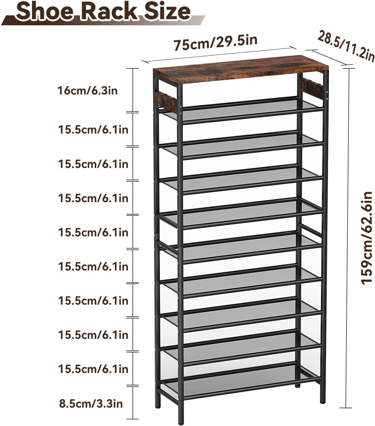 Shoe Rack 10-Tier Shoe Organizer with Hooks Metal Frame Shoe Storage Large Capacity 29.5" L Sturdy Shoe Racks for Entryway Hallway Closet Rustic Brown and Black