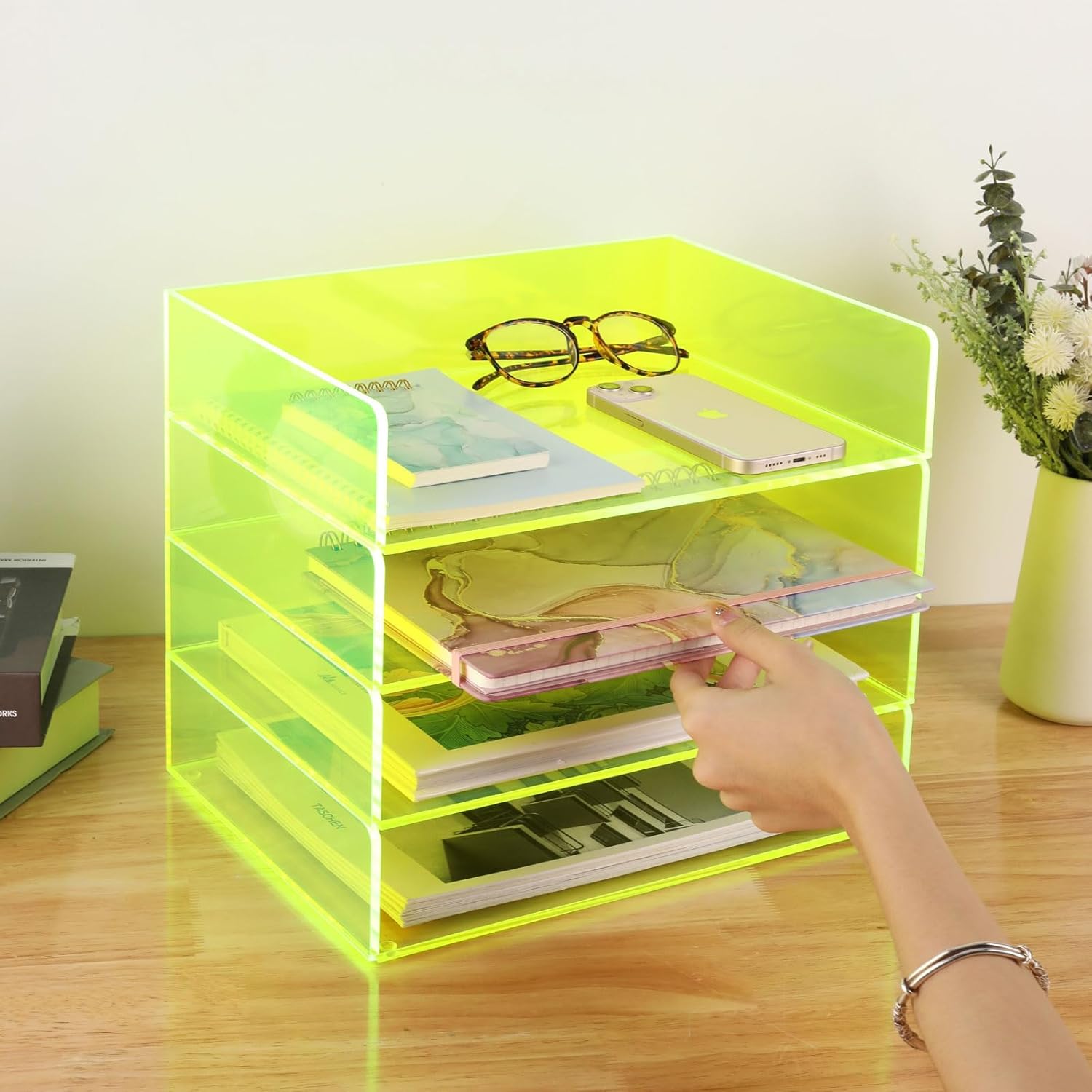 Gelite Acrylic File Organizer for Desk 4 Tiered Stackable Letter Tray Office Paper Storage Desktop Document Sorter, Neon Green