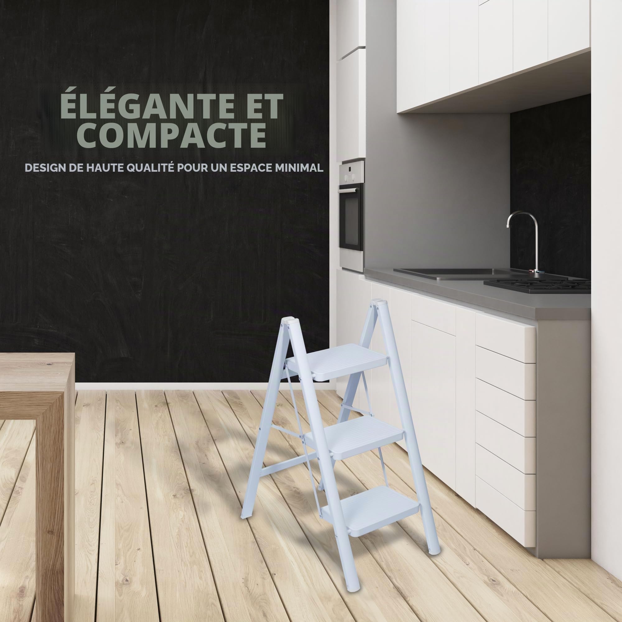 UZIRO Escabeau Pliable 3 Marches, Échelle de Sécurité avec Pieds Antidérapants, Tabouret de Step Idéal pour Maison, Cuisine, Bureau, Ladders Design Compact et Durable (Blanc, 3 Marches)