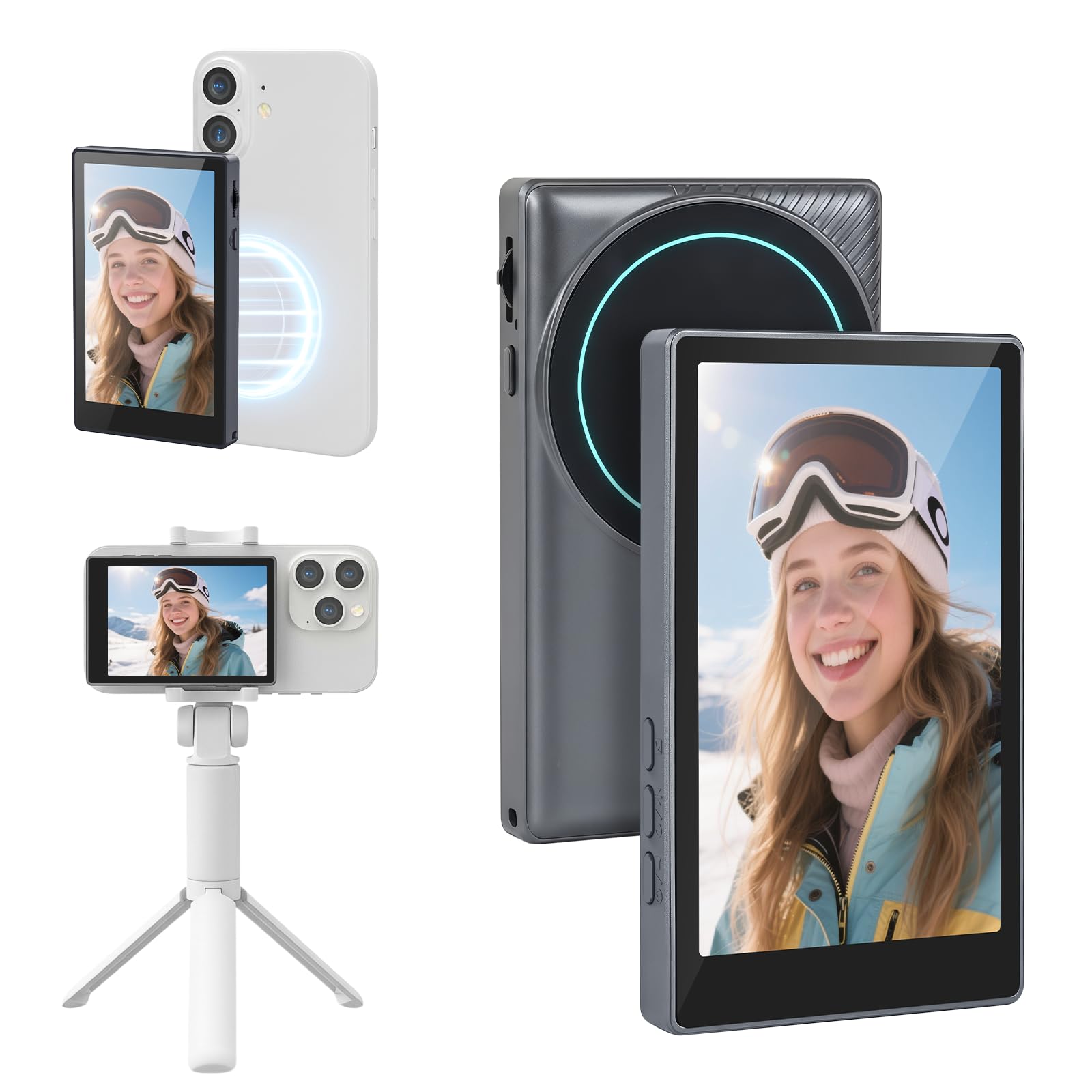 Écran magnétique pour Selfie Martphone avec caméra arrière pour iPhone et Android pour TikTok Live Streaming Noir Smartphone Vlog Selfie Monitor Screen