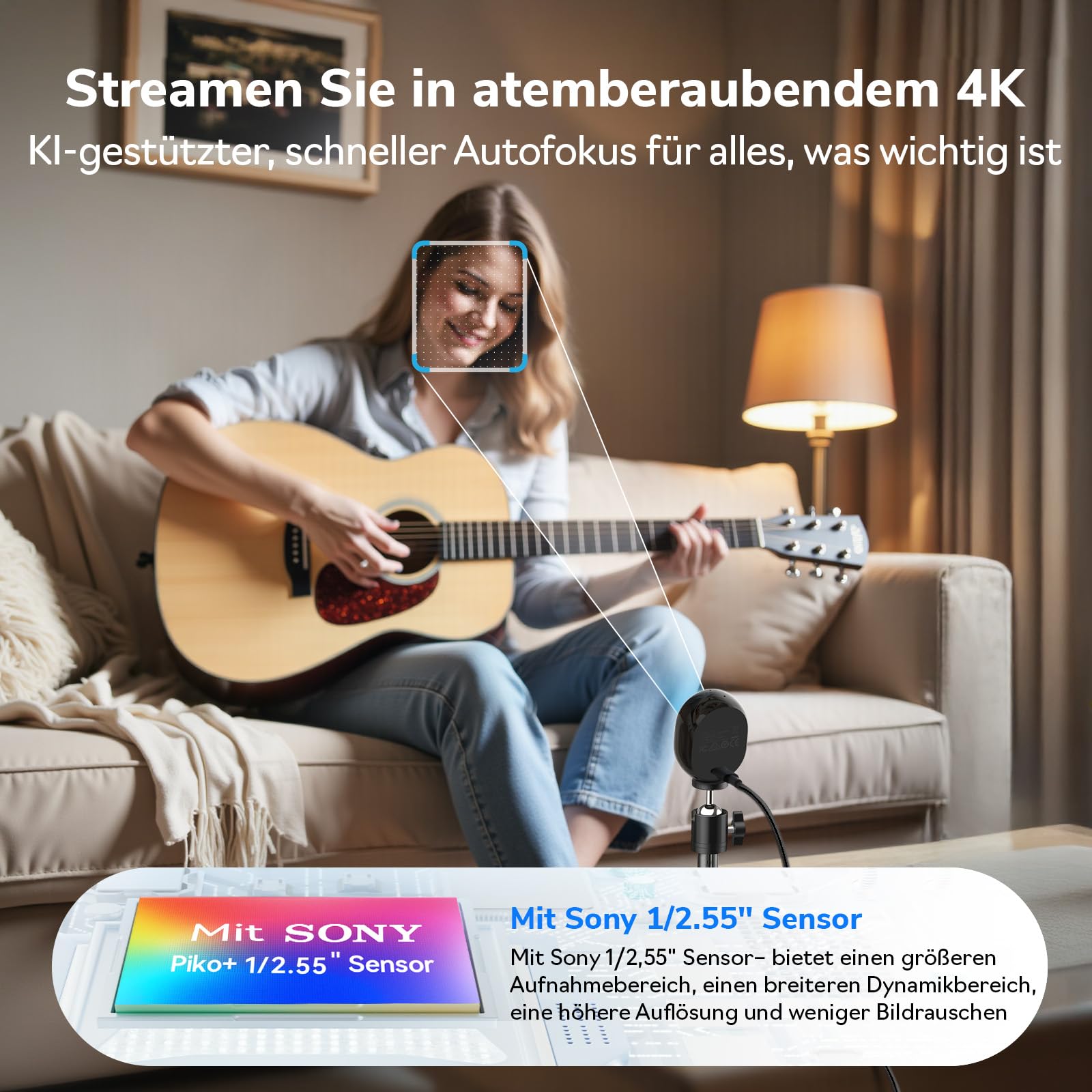 EMEET Piko+ Webcam 4K, KI-Fokus, für PC/Mac/Switch 2, Homeoffice | Mit 1/2.55'' Sony-Bild｜Dual-Fokus｜Panda-Privatsphäre｜Für Curved Monitor｜Plug & Play via USB｜Top für Videocalls