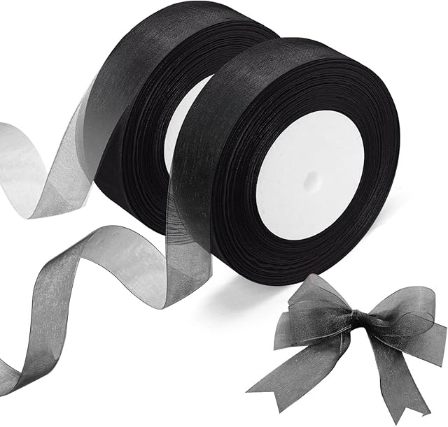 2 Rolls of Organza Ribbon, Clear Chiffon Ribbon, 20mm x 45m Each, for DIY Crafts, Ribbons for Gift Wrapping, Birthday Party Ribbon Decoration(Black Ribbon)
