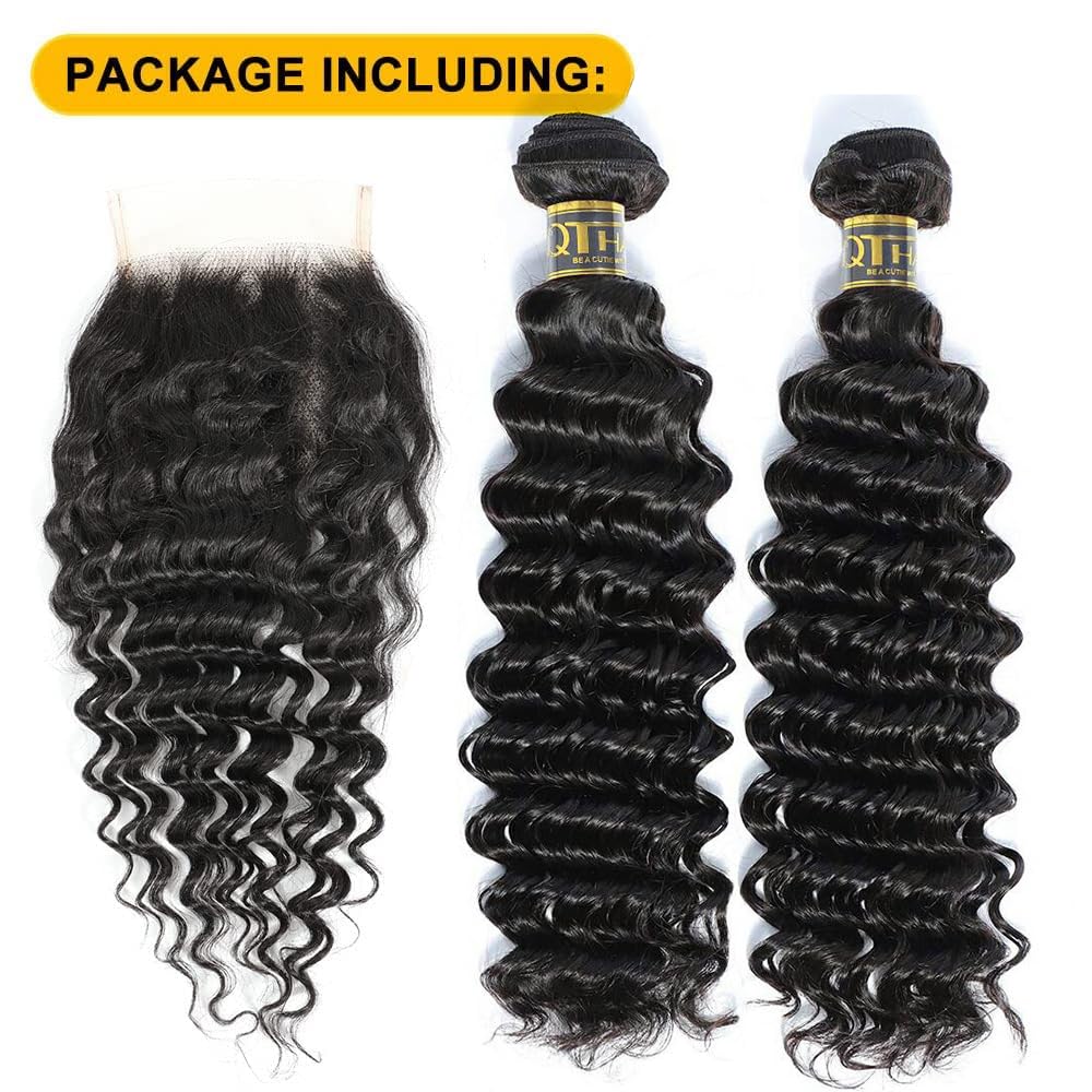 QTHAIR 18A Brazilian Deep Wave Bundles with Free Part Closure (12" 14"+10") Brazilian Virgin Human Hair Bundles with Closure Wet and Wavy Curly Hair