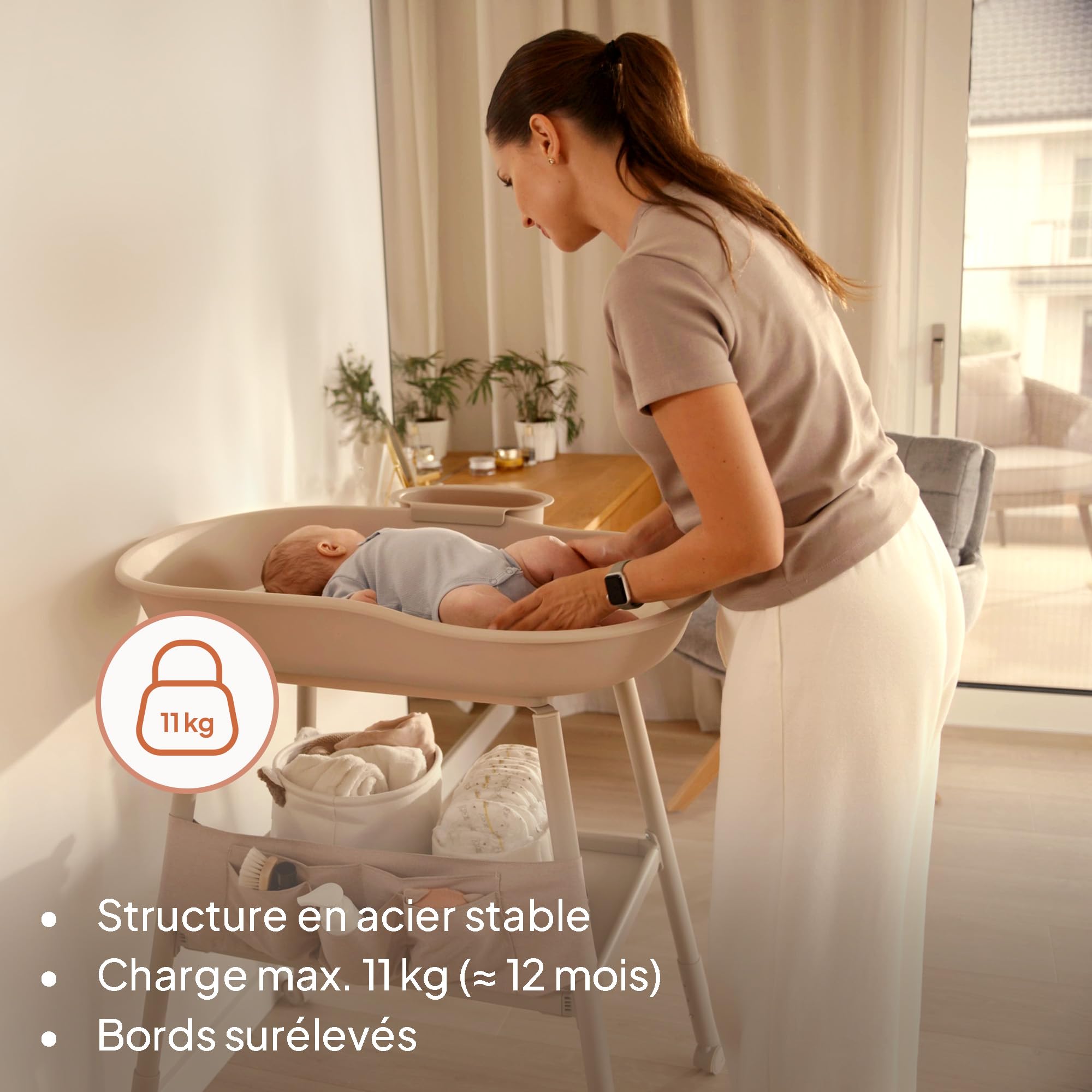 LIONELO Rosie table à langer bébé, mobile sur roulettes, matelas à langer imperméable, hauteur réglable, rangements pour accessoires, bol d’eau, étagère à couches