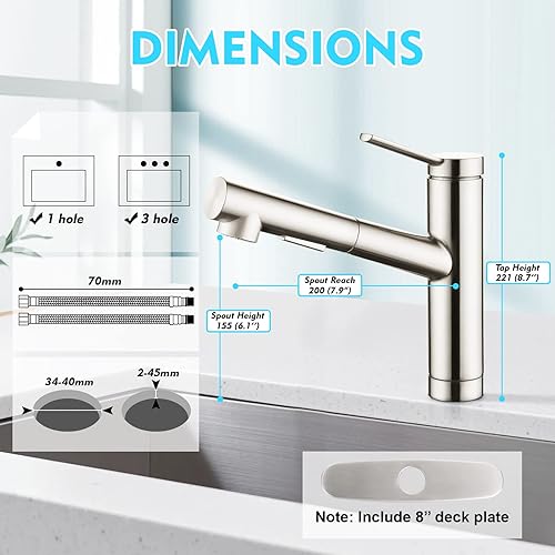 Miniatura 5 de CREA Grifos de la cocina, Bar del fregadero del grifo, Grifo del fregadero de la cocina Extraer de níquel cepillado de una sola manija de