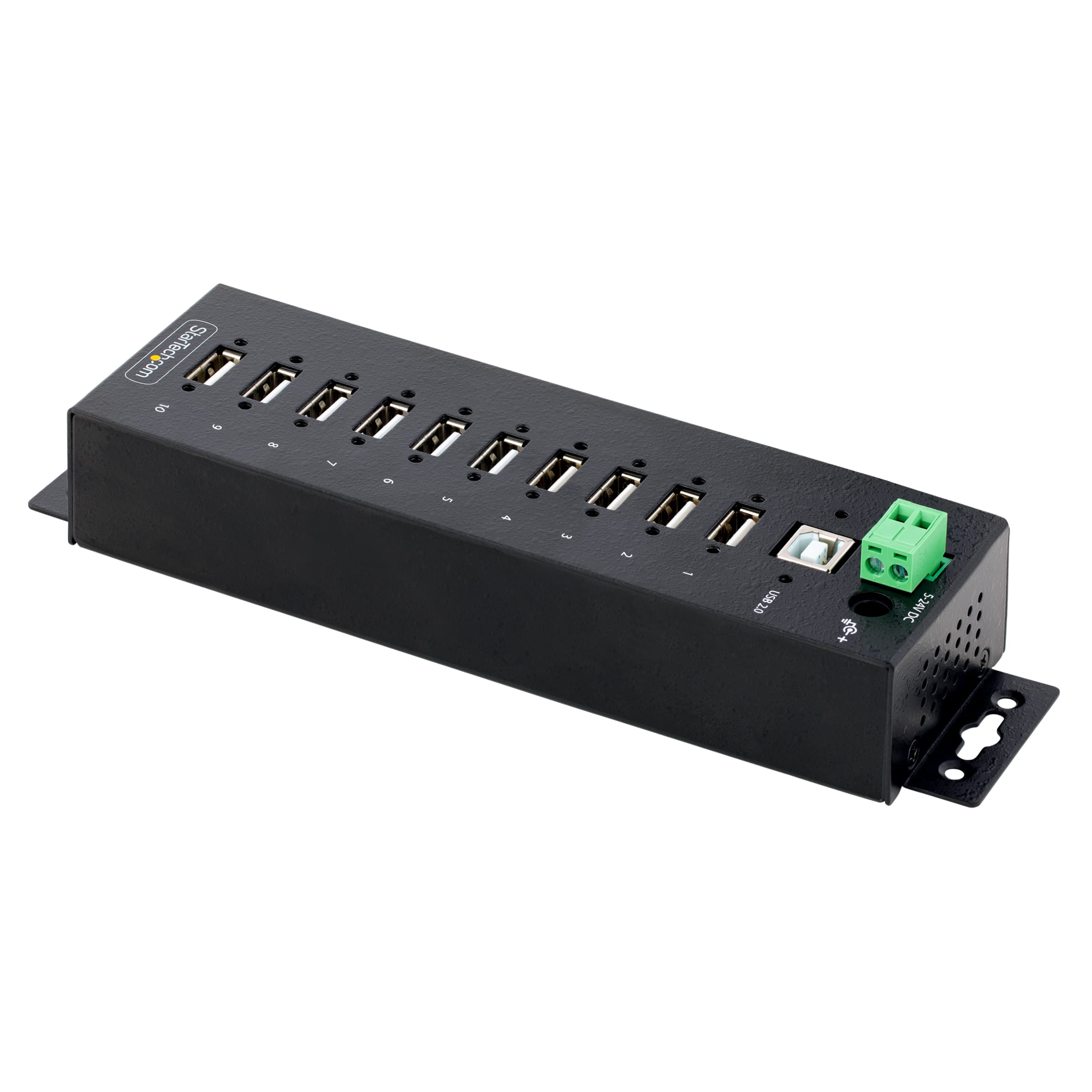StarTech Hub USB 2.0 Industrial 10 Puertos, Robusto (USB210AIND-USB-A-HUB) | Protección ESD nivel 4 15kV/8kV, Puertos USB bloqueables, Acero laminado