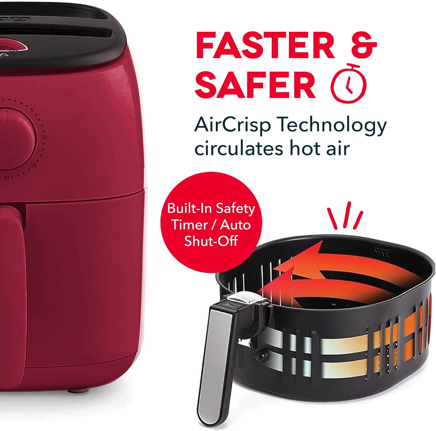 Diagram showing hot air circulation within the crisper basket of the DASH Tasti-Crisp Air Fryer.