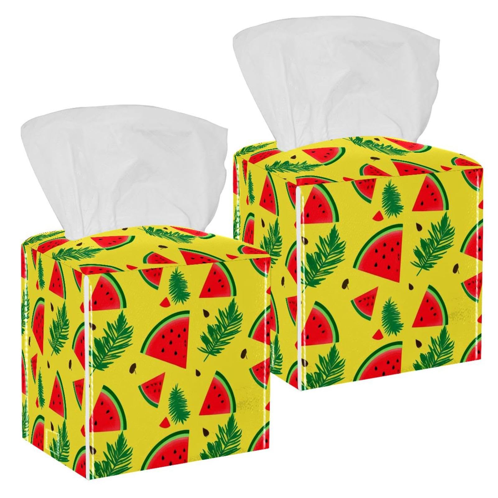 Watermelon Tissue Box Cover, 2 Pack PU Leather Square Facial Tissue Dispenser Box holder for Home Office Car