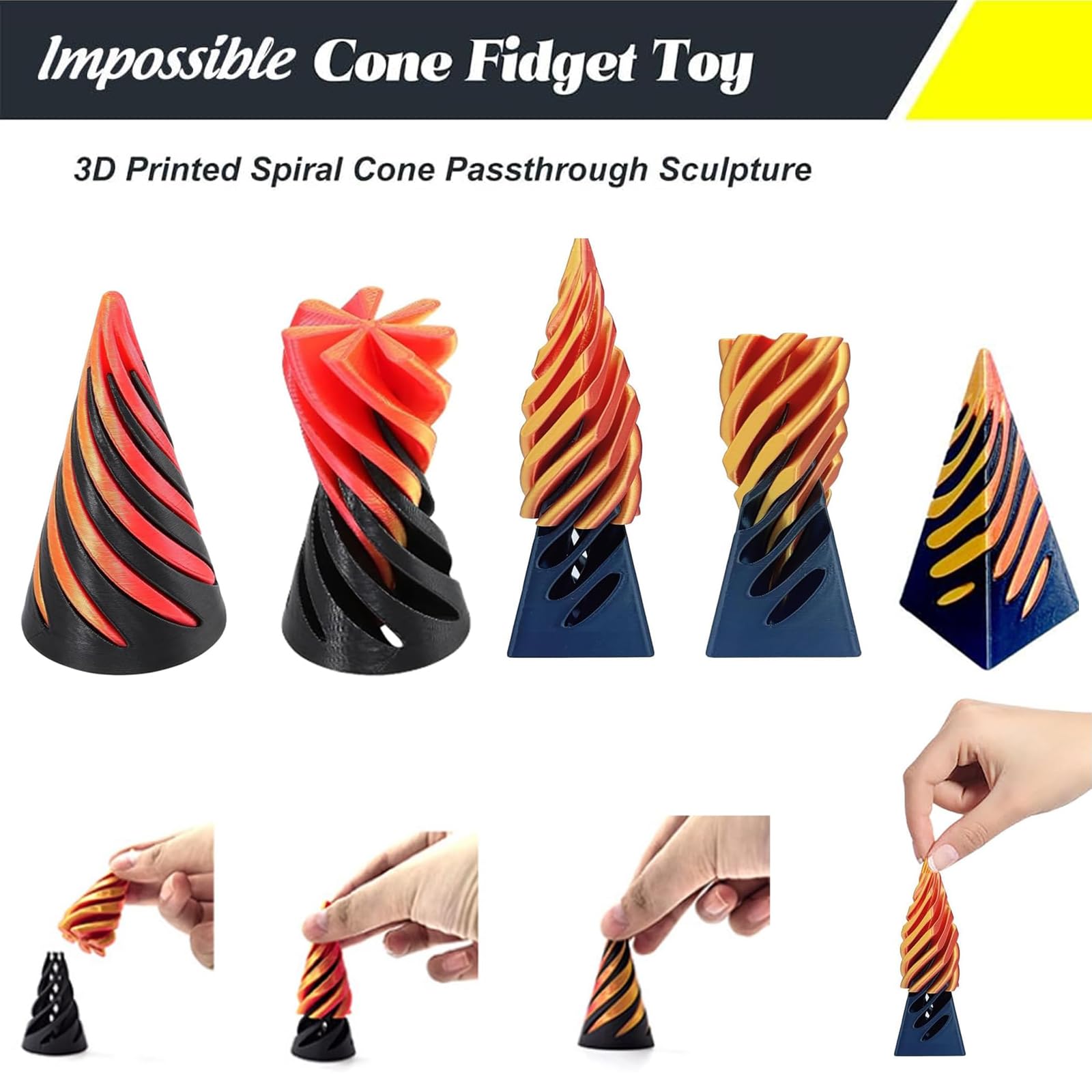 Cône Impossible 3D (Lot De 3) – Jouet Fidget Spirale Anti-Stress, Pyramide Passthrough En Impression 3D, Décoration De Bureau Originale Pour Enfants Et Adultes