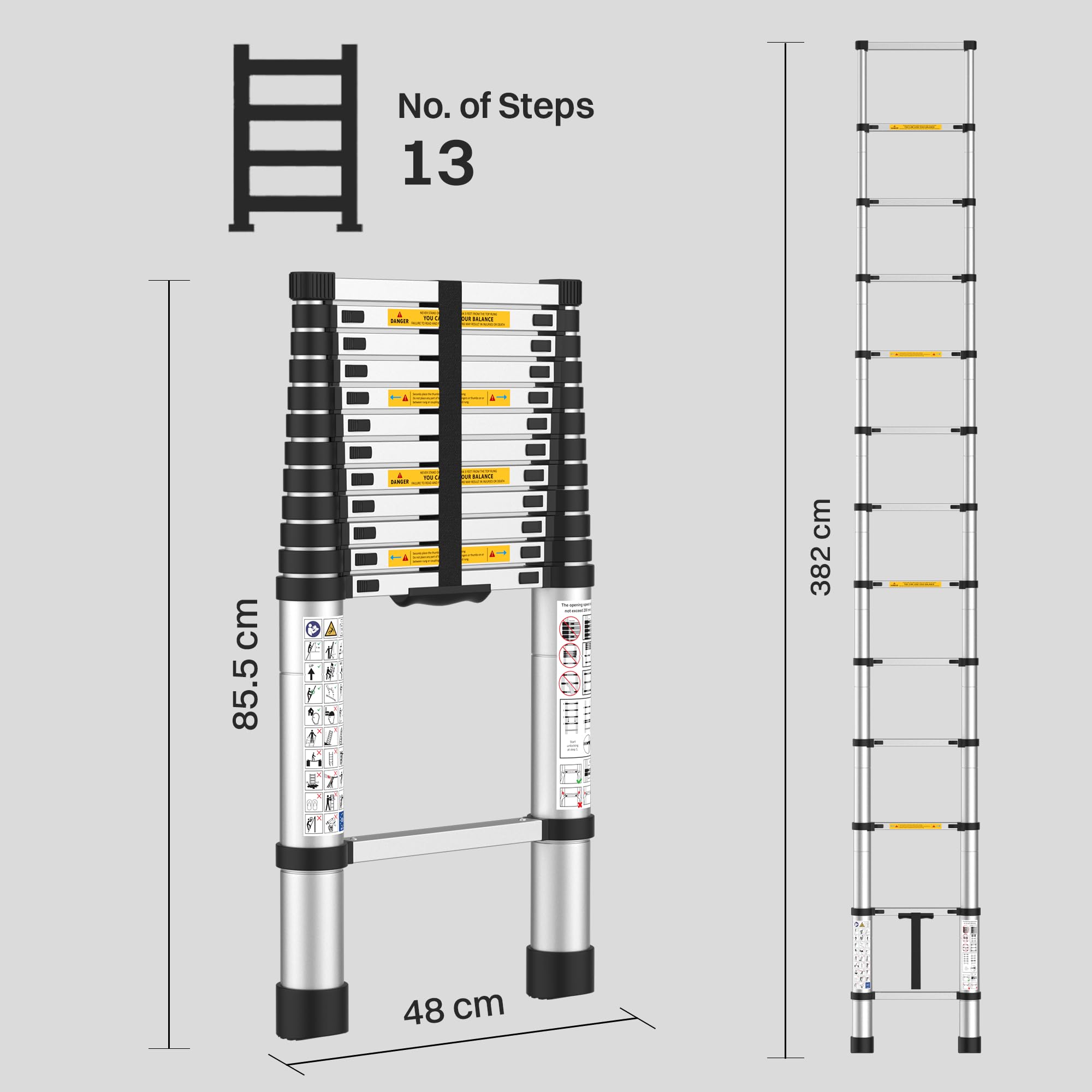 BonKaso VertiPro 3.8M(12.5Ft) Telescopic Ladder|Aluminum Ladder 13 Steps|Multipurpose for Home & Outdoor use with Self Lock Mechanism|EN131 Certified Max Load Capacity of 150kg — Amazon image 8
