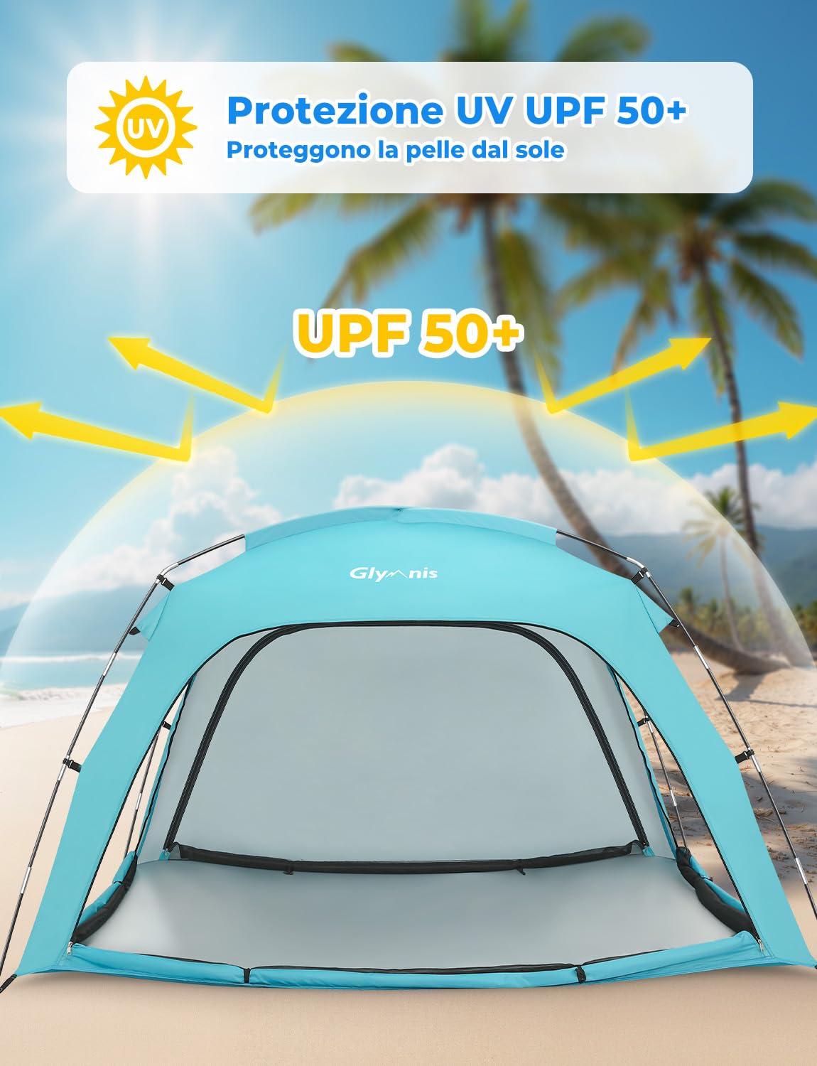 Glymnis Tenda da spiaggia grande per 3-4 persone, portatile, protezione UV, riparo dal sole, tenda leggera per picnic e pesca