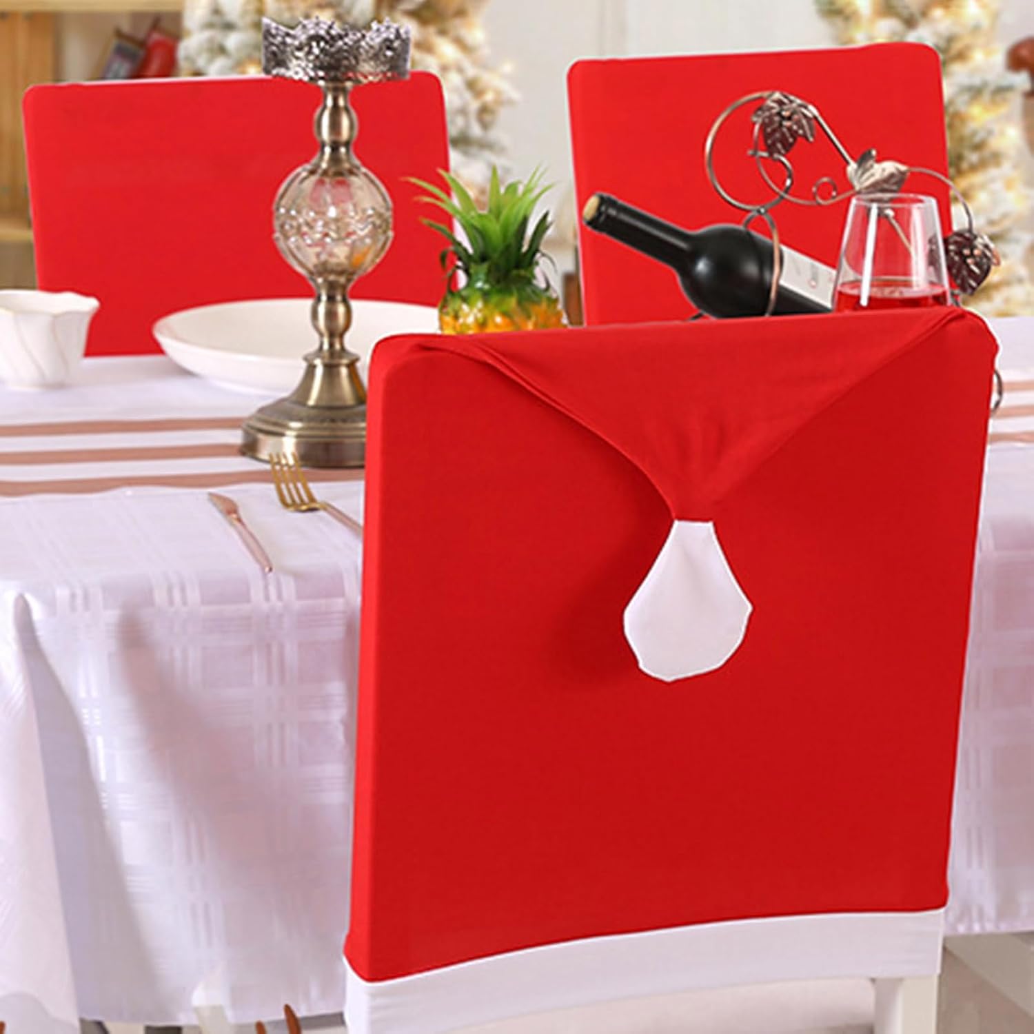 Chair Back Christmas Kitchen Chair Slipcovers in Santa Hat Shape for Holiday Decoration Chair Covers