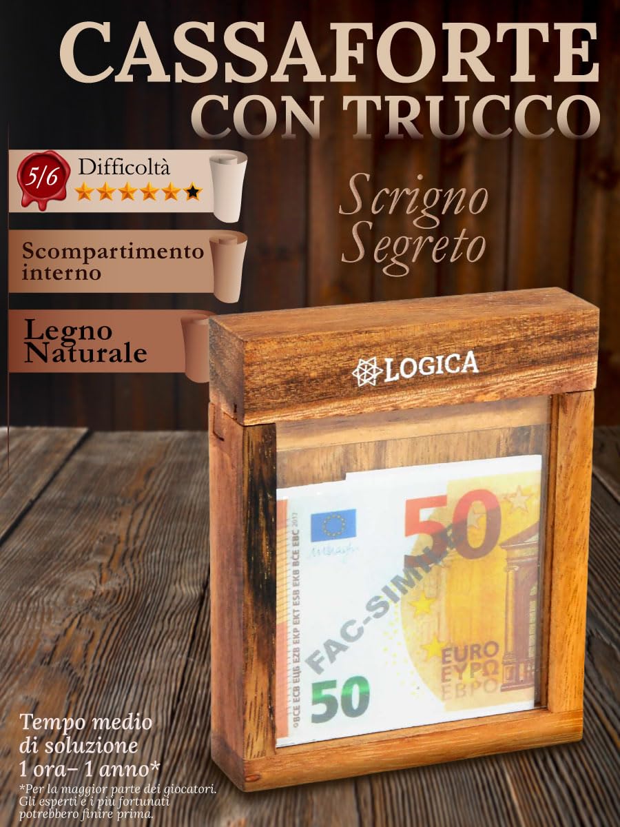 Logica Giochi - Cassaforte con trucco M – Puzzle in legno pregiato, scatola segreta – Diffiicoltà 5/6 Incredibile – Collezione Leonardo da Vinci