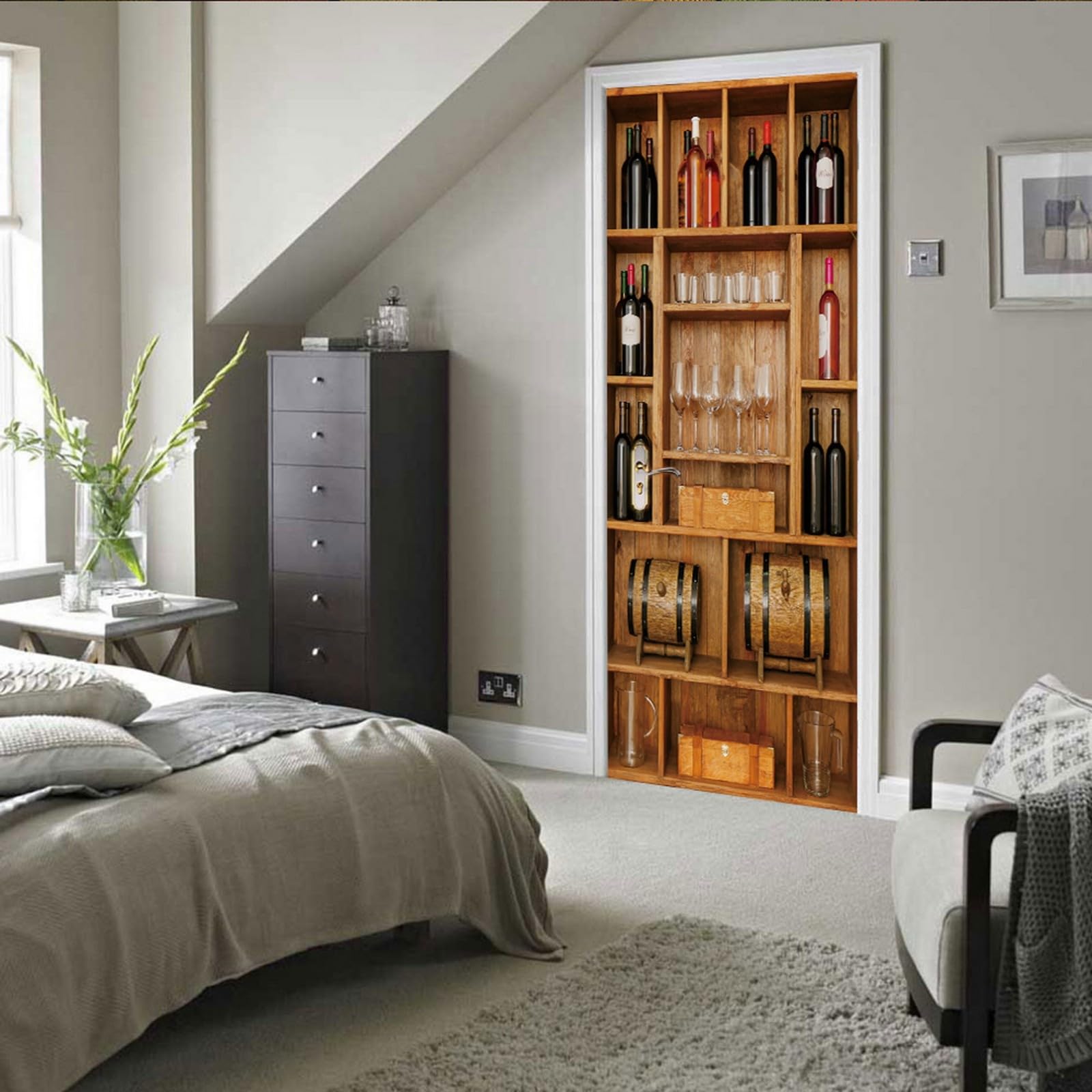 A.Monamour Adesivo Porta Autoadesiva 3D Portaoggetti In Legno Con Bottiglie Di Vino E Bicchieri Vinile PVC Adesivi per Porte Interne Pellicola Adesiva Poster Murale Parete Carta da Parati 77x200cm