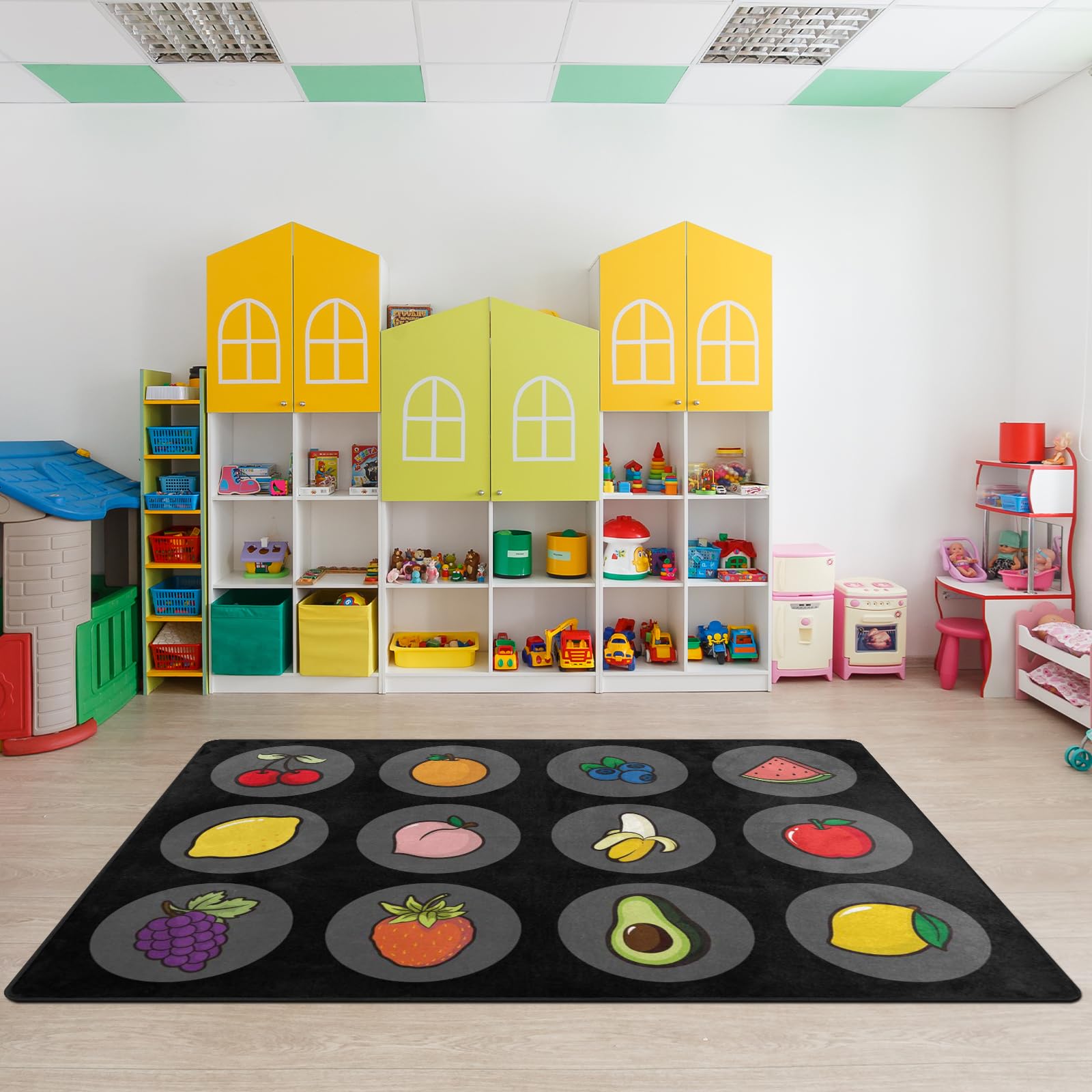 Kids Rug, Classroom Carpets Playmat Rugs - 5x7 Ft Kids Carpet with Rubber Backing, Various Fruits Learning Seating Rug Play Mat Nursery Rugs for Children Bedroom Playroom Elementary 12 Seats Black
