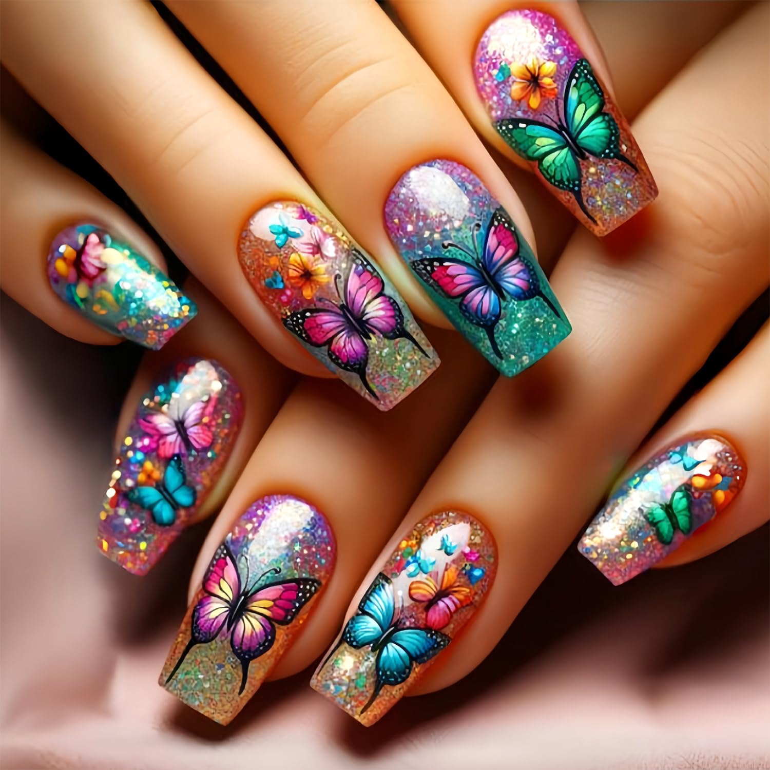 Colorful Butterfly Press on Nail Flower Pattern False Nail Medium Coffin Nails Mirror Reusable Full Cover Fake Nails for Women Girls