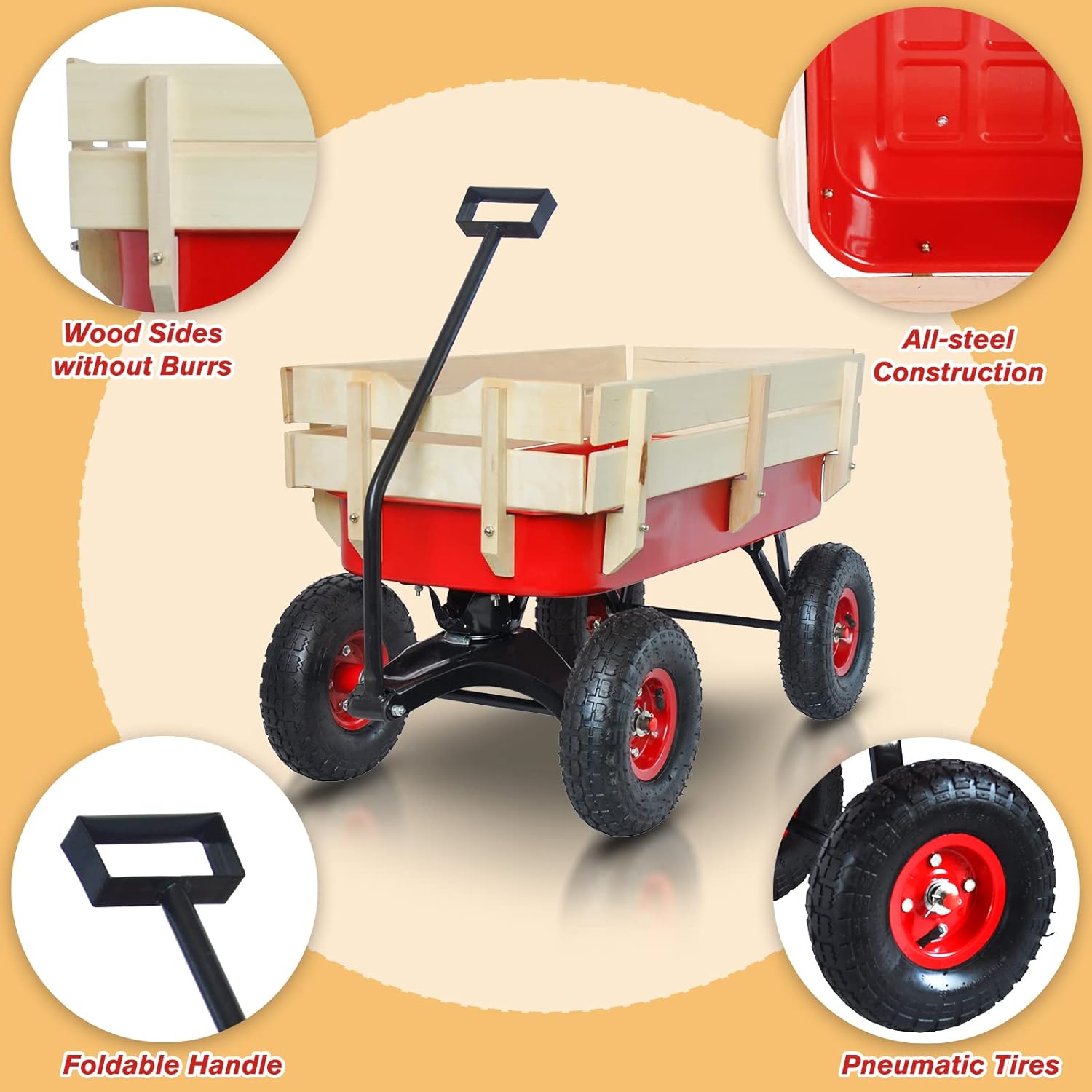 All-Terrain Handcart with Removable Wooden Side Panels, Kids Wagon, Heavy-Duty Steel Cart, Foldable Pet Stroller, Ideal Gift for Halloween and Christmas, Red