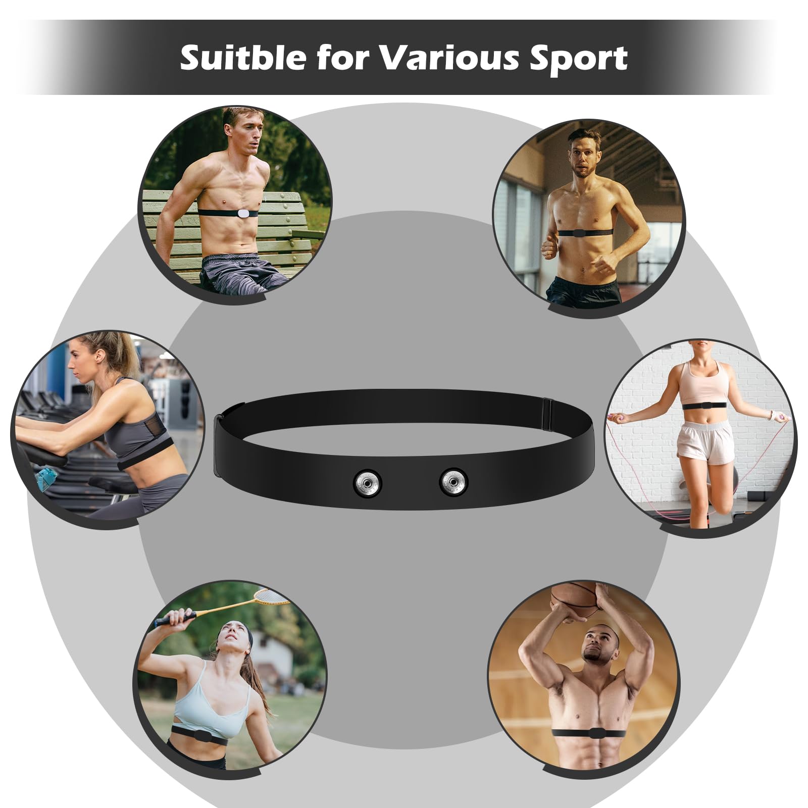 Pulsometro Banda Pectoral, Frecuencia Cardíaca, Ajustable 70 cm a 115 cm, Bluetooth Ant+ Compatible con Garmin, Wahoo, Polar H9 H10, Coospo, Magene, Bryton, Livlov