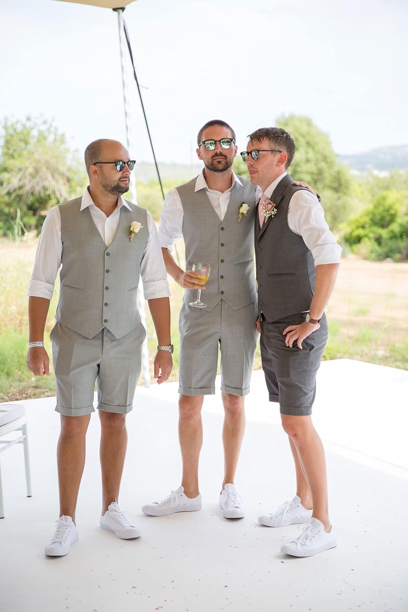 Mens Linen Suit 2 Piece Short Suits for Men Casual Summer Beach Groom Wedding Suit Linen Vest Shorts Set